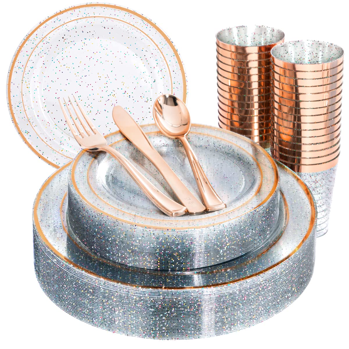 WELLIFE 180-Piece Rose Gold Glitter Plastic Dinnerware Set - 30 Dinner Plates, 30 Dessert Plates, 90 Silver Cutlery & 30 Glitter Cups - Elegant Disposable Tableware for Weddings, Parties, Baby Showers & Special Events