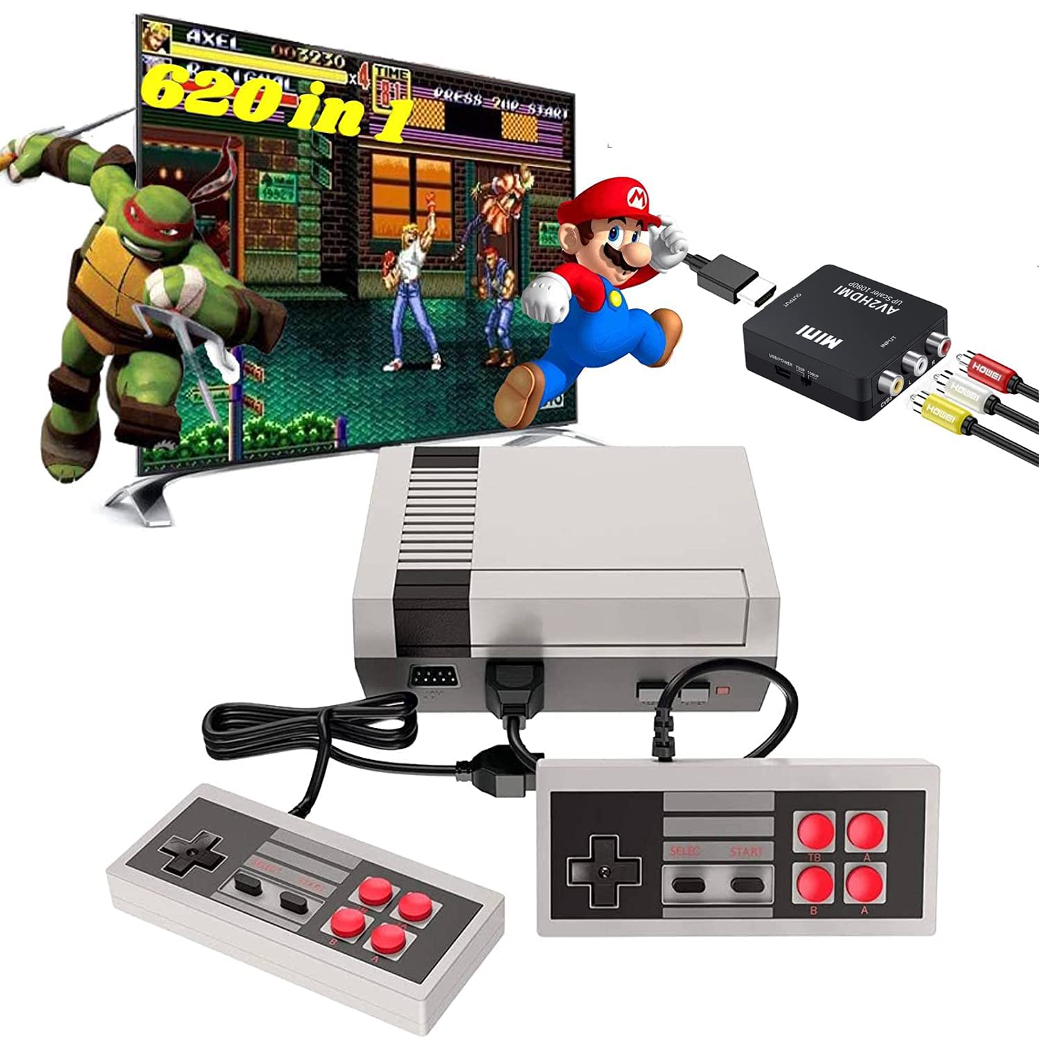 HUINENGYUAN Classic Mini NES Retro Game Console - Built-in 620 Games, 2 Controllers, AV/HDMI Output for Kids & Adults | Perfect Gift for Birthday, Christmas & Family Game Night