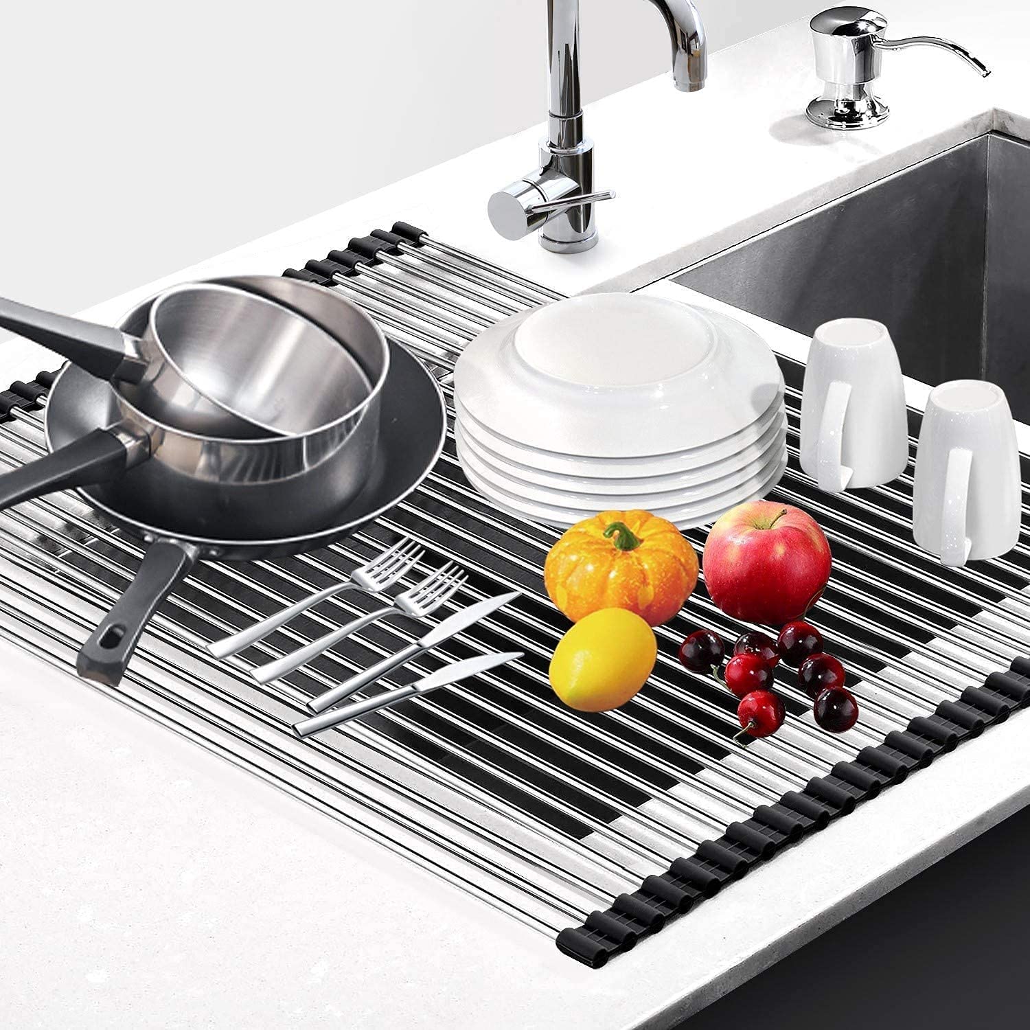 SCILLA Foldable Roll-Up Dish Drying Rack for Kitchen Sink - Non-Slip Silicone & Stainless Steel Drain Rack for Plates, Utensils, and Vegetables - Space-Saving Kitchen Organizer for Small Spaces and RVs