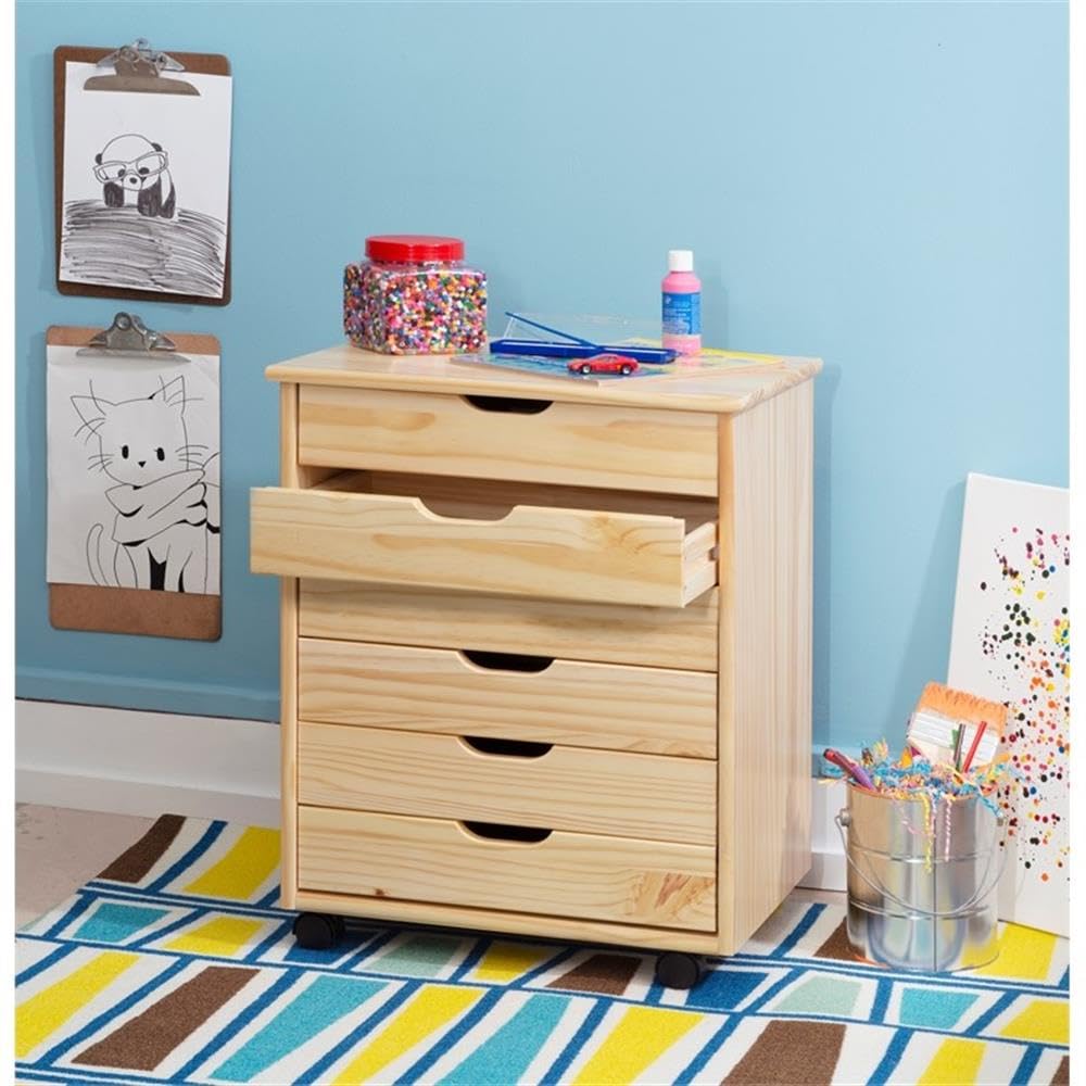 Natural Wood 6-Drawer Wide Rolling Cart with Wheels - Perfect for Office, Kitchen, Bathroom & Bedroom Storage Organization
