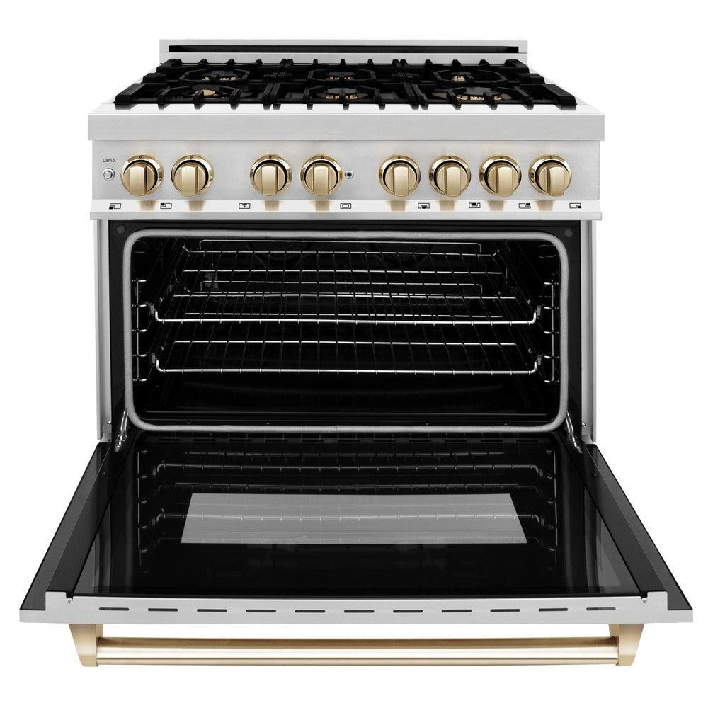 ZLINE Autograph Edition 36-inch Dual Fuel Range with 6 Burner Gas Cooktop & Convection Oven - 4.6 cu.ft Stainless Steel with Gold Accents (RAZ 36 G) - Perfect for Professional Kitchens & Luxury Home Cooking