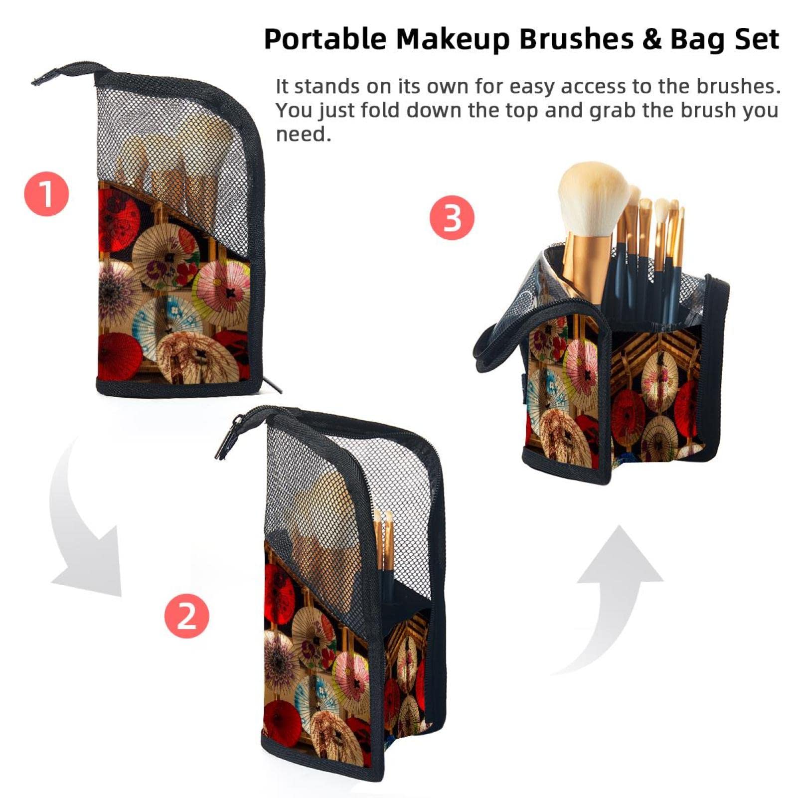 Premium 12-Piece Makeup Brush Organizer Bag with Ancient Paper Umbrella - Portable Cosmetic Brush Holder Case for Travel, Home Vanity & Professional Makeup Artists