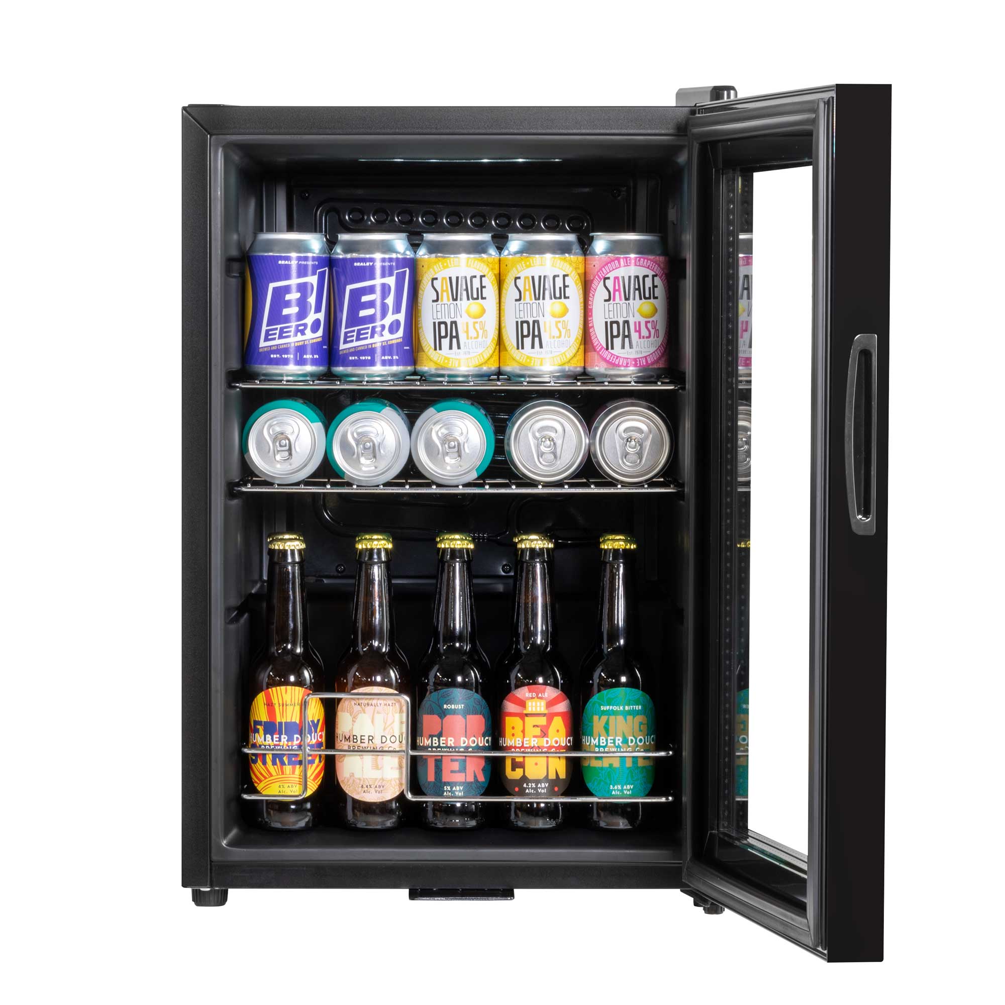 Baridi 60L Beer & Drinks Refrigerator with LED Light - Black Glass Door Mini Fridge for Home, Office, Bar & Party | Energy Efficient Beverage Cooler DH62