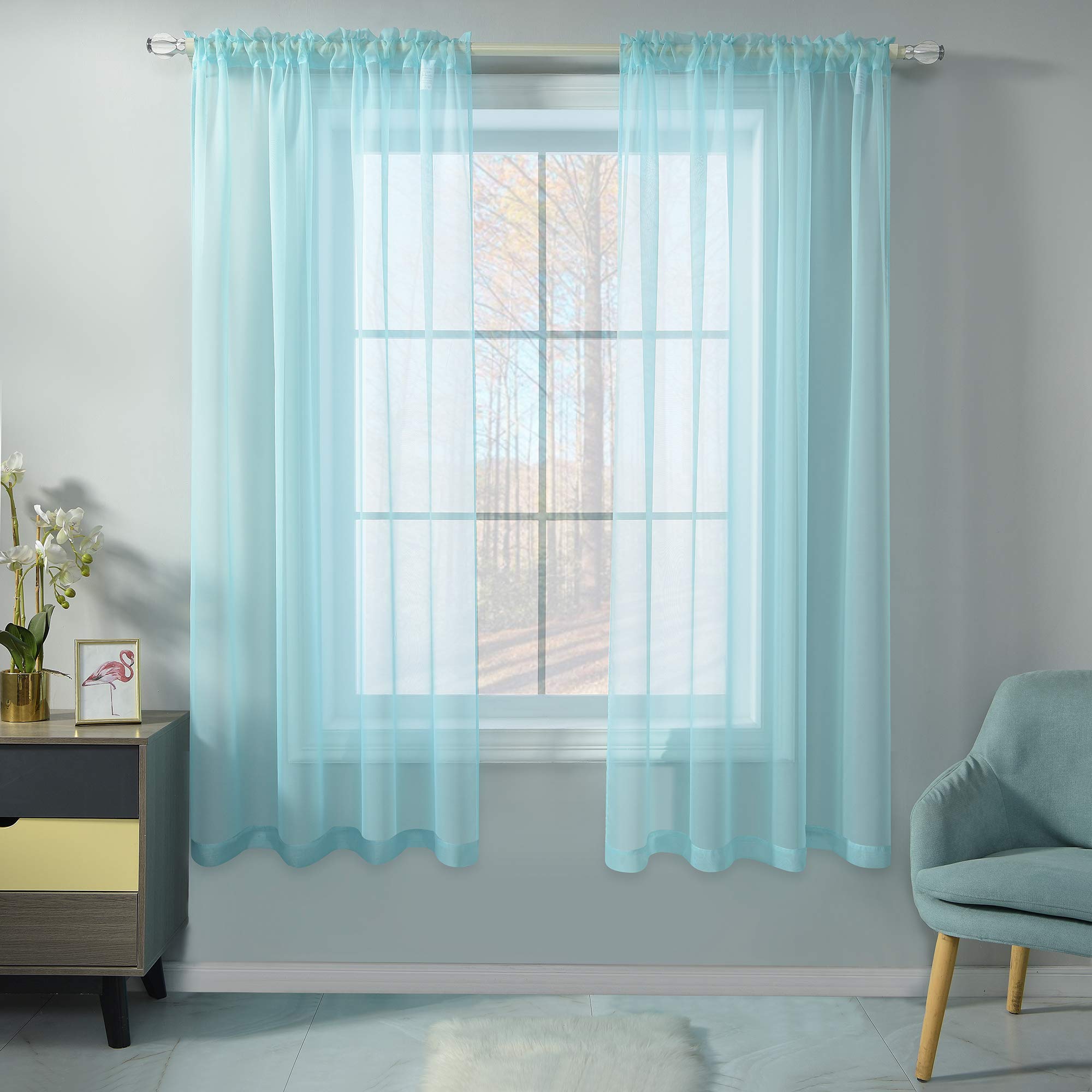 Aqua Blue Sheer Curtains 52x45 Inches - 2 Panel Rod Pocket Voile Drapes for Nursery, Bathroom & Boys Bedroom | Light Filtering Window Treatment for Small Windows & Home Decor