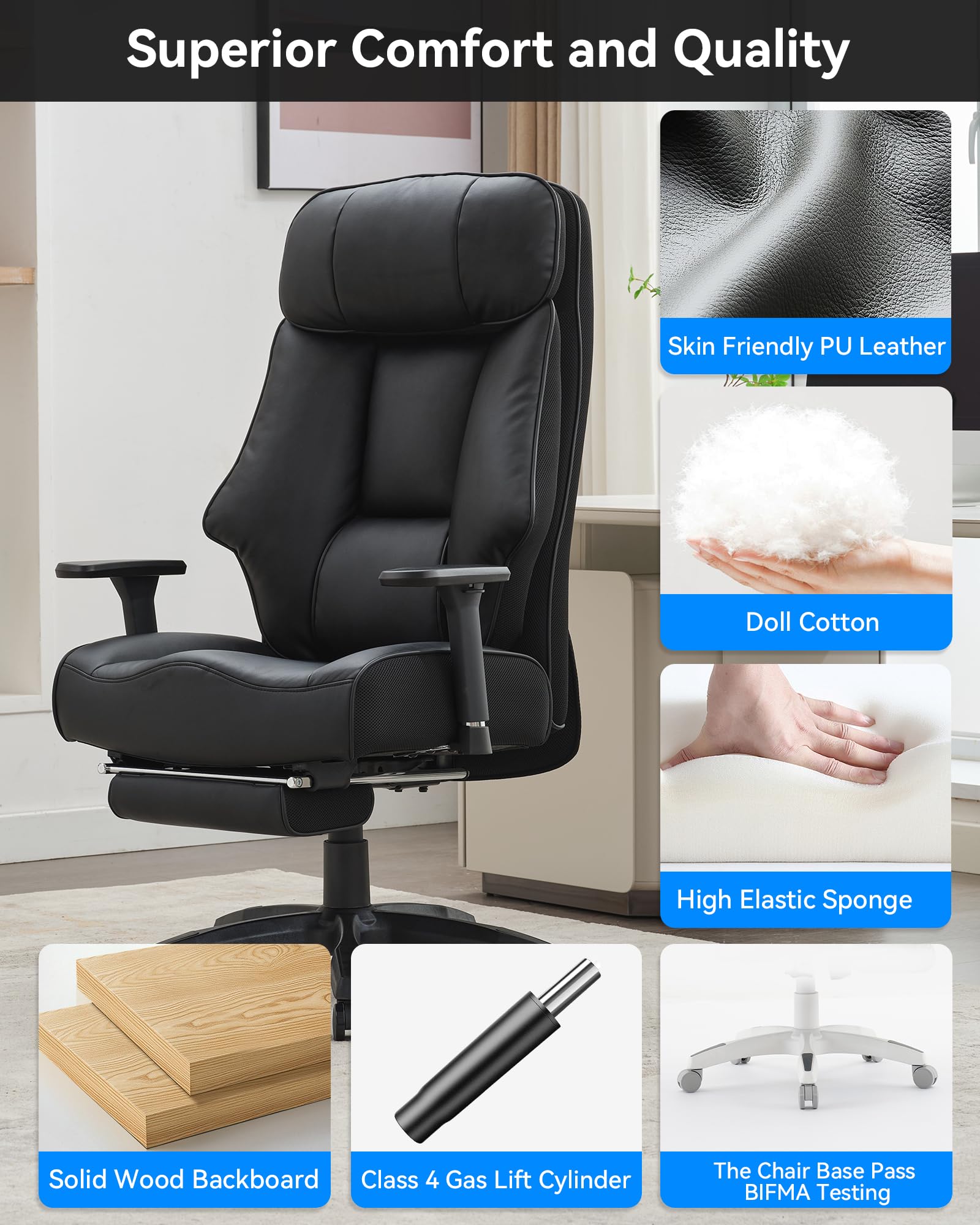 Heavy Duty Big and Tall Office Chair 400lbs - Executive Ergonomic High Back Chair with Footrest & Lumbar Support - Oversized Leather Office Chair for Heavy People - Black - Perfect for Home Office, Gaming, and Workspaces