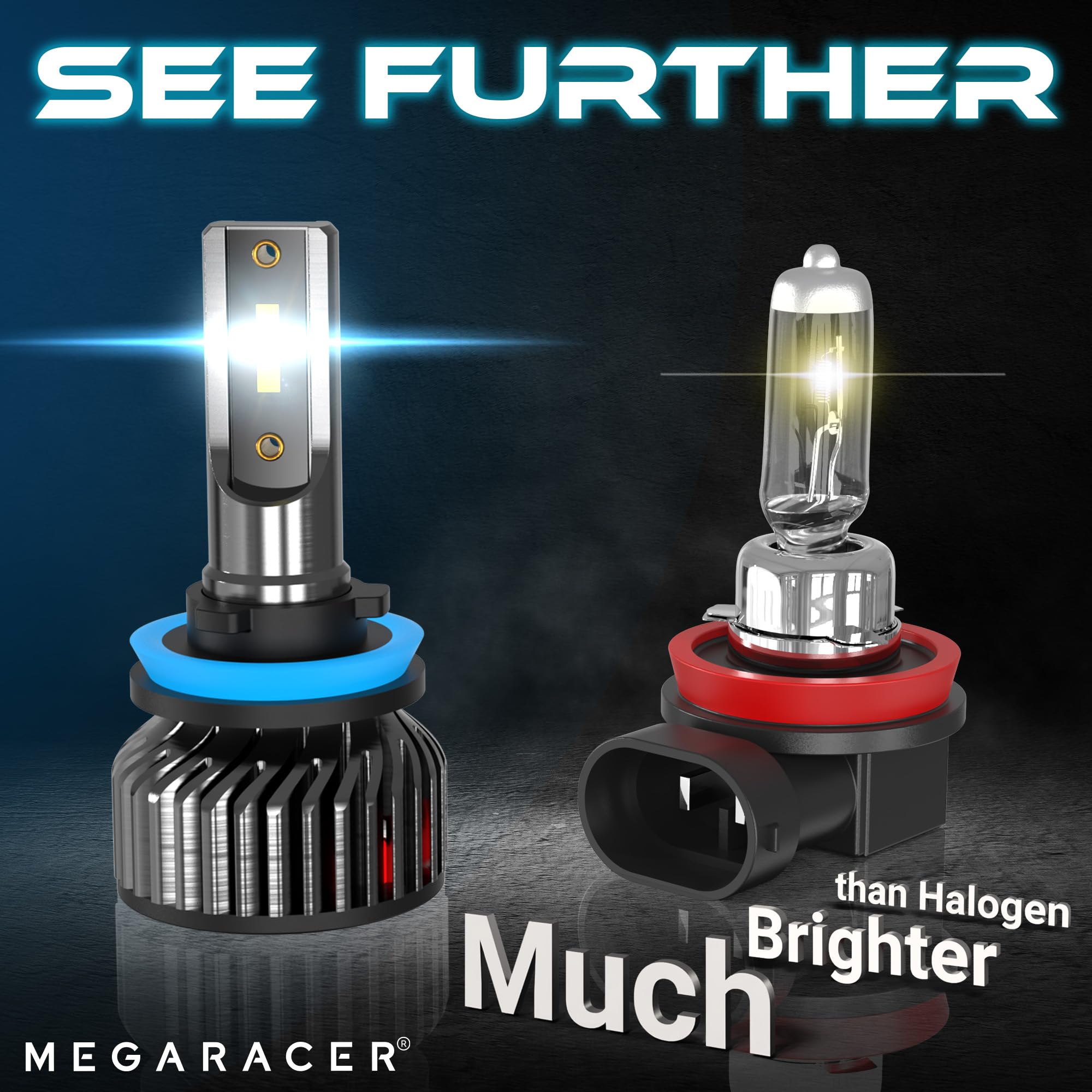 Mega Racer H11 H8 H9 LED Bulbs - 800% Brighter 6500K Cool White Fog Lights for Cars - Plug and Play Direct Replacement - Pack of 2 - Perfect for Night Driving and Bad Weather Conditions