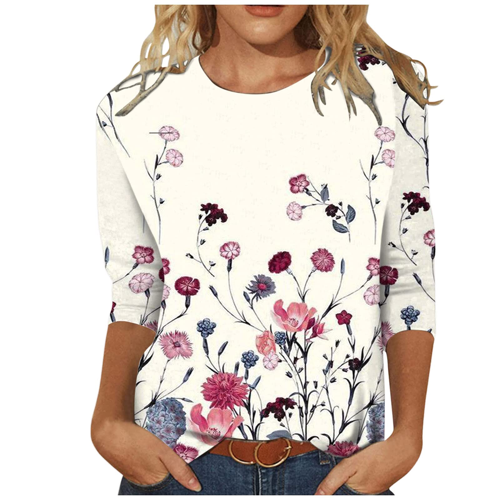 Floral Printed 3/4 Sleeve T-Shirt for Women - Summer Casual Blouse for Outings
