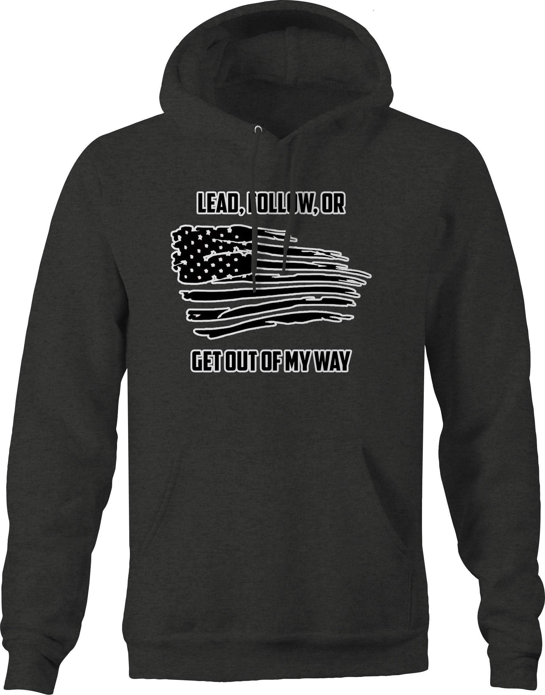 Premium American Flag Hoodie for Men - Dark Gray Patriotic Pullover with 'Lead Follow Get Out of My Way' Print | Casual Wear, Street Style & Outdoor Activities
