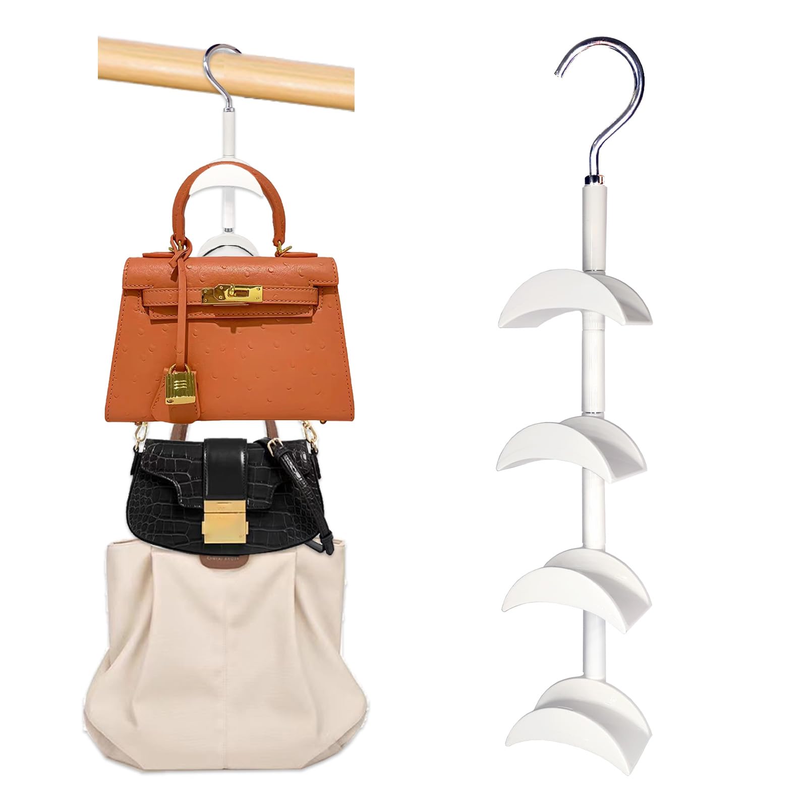 Rotating Purse Hanger for Closet Organizer - White Purse Holder Hook for Handbags, Totes, Scarves & Belts | Space-Saving Closet Storage Solution for Purses & Accessories