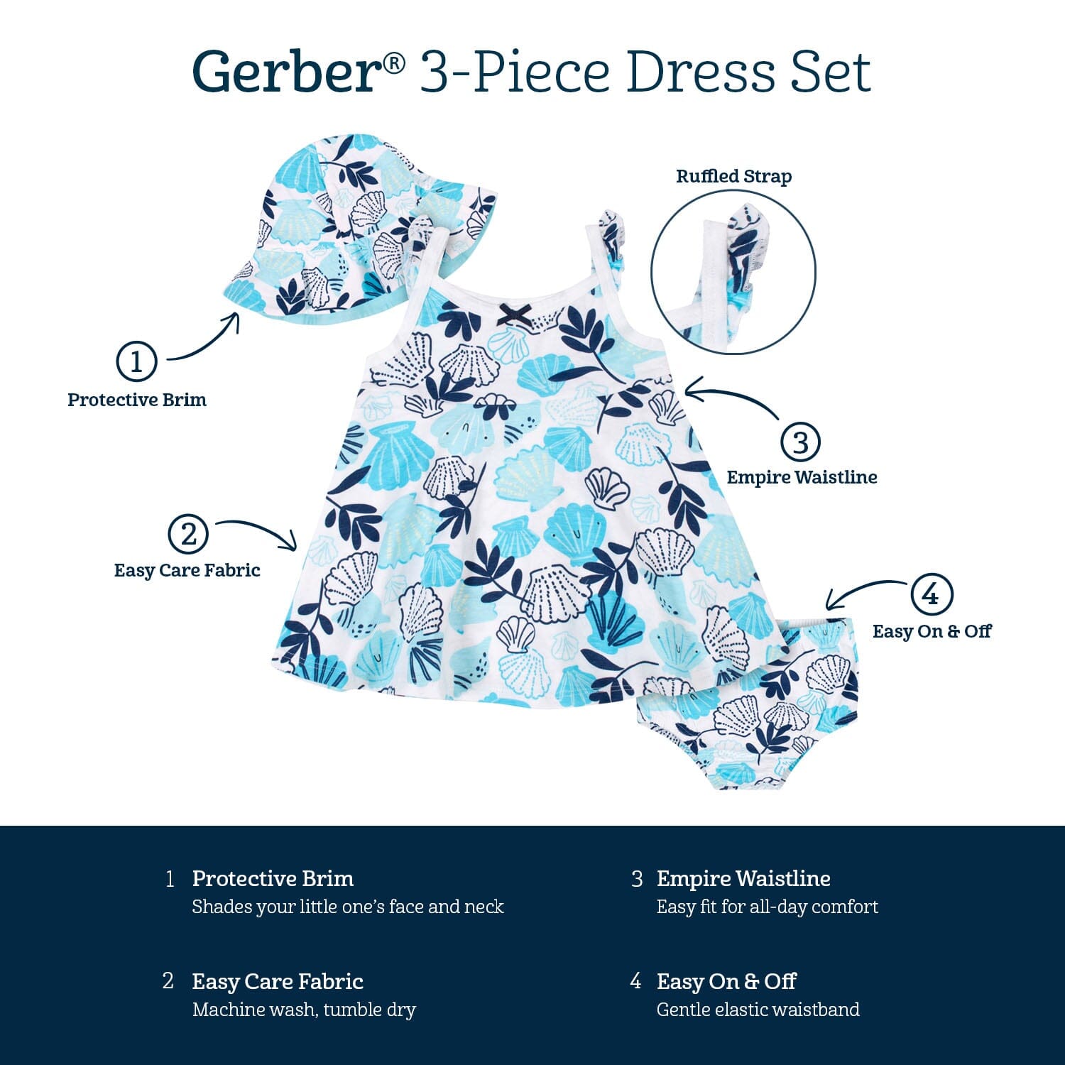3 Piece Baby & Toddler Girls Sea Shells Dress Set with Diaper Cover & Sun Hat - Cute Beach Outfit for Summer Photos & Vacations