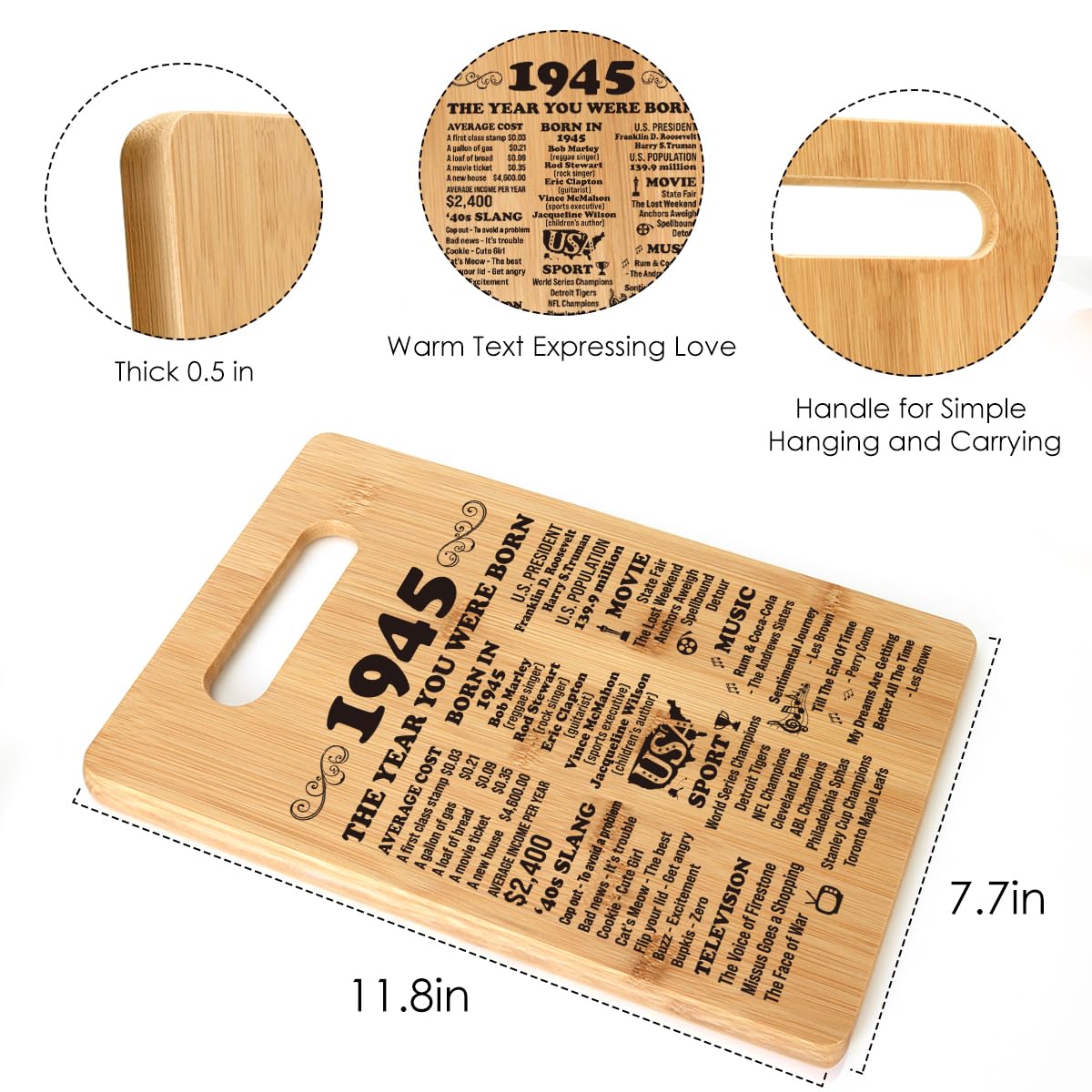 Personalized 80th Birthday Cutting Board Gift for Women & Men - Vintage 1945 Design - Unique 80 Year Old Birthday Present Idea - Perfect for Anniversary, Retirement & Milestone Celebrations