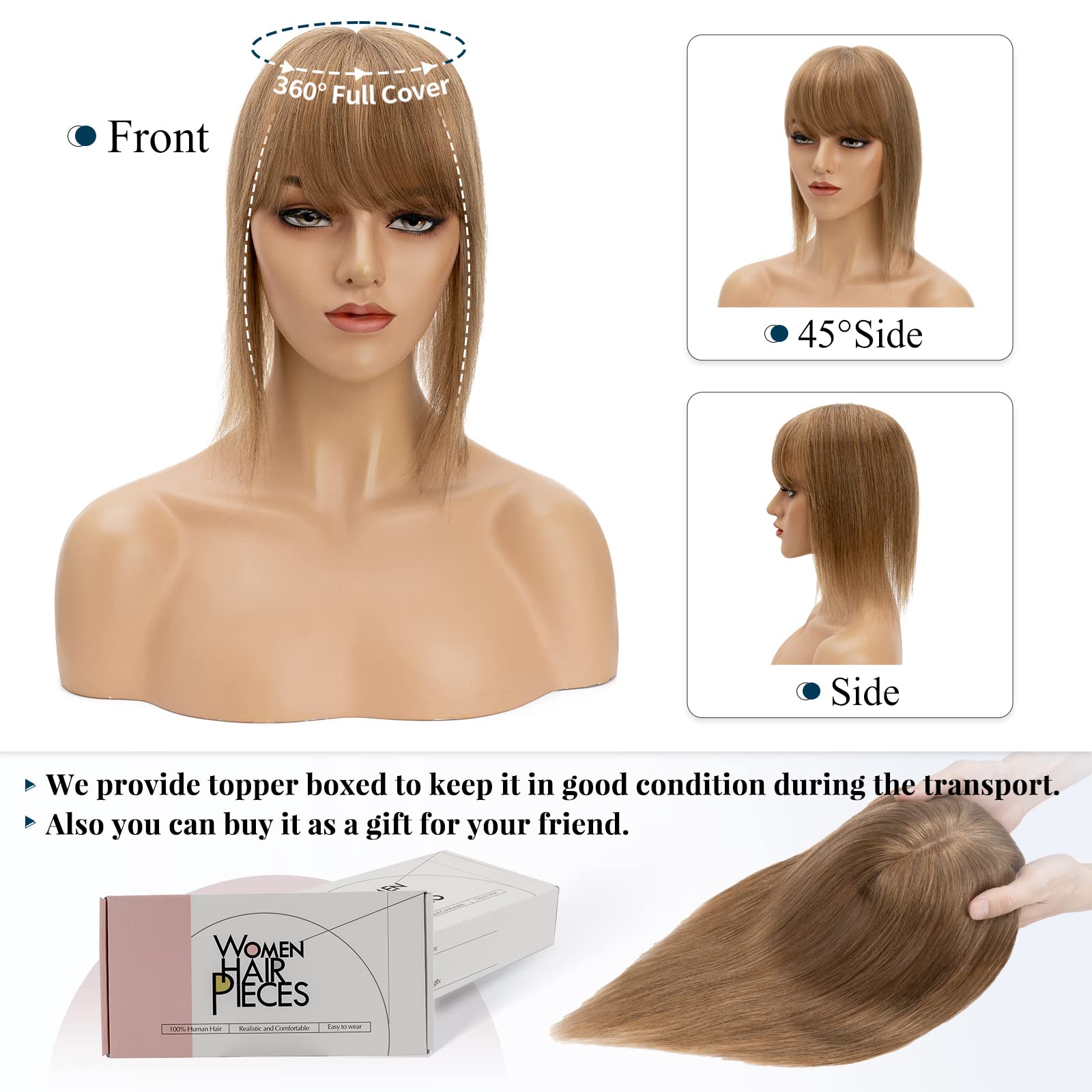 Benehair Clip-in Human Hair Topper with Thin Bangs - Handmade Silk Base, Straight & Soft Hair Extensions for Women with Hair Loss or Thinning - Light Brown #6, 14 Inch - Perfect for Daily Wear, Special Occasions & Styling