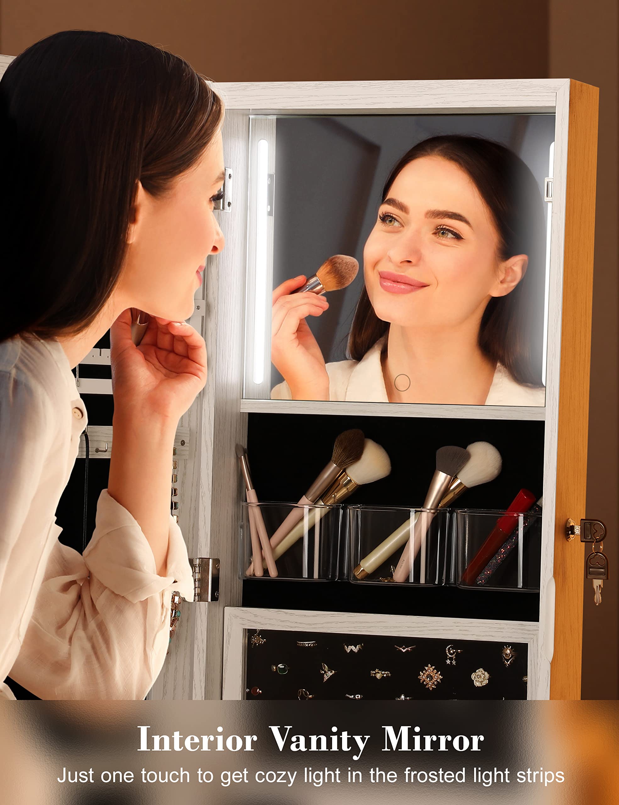 360° Swivel Jewelry Cabinet with LED Lights & Touch Screen Mirror - Rotating Full Length Vanity Mirror with Jewelry Storage Organizer, White Foldable Makeup Stand | Perfect for Bedroom, Dressing Room & Closet Organization