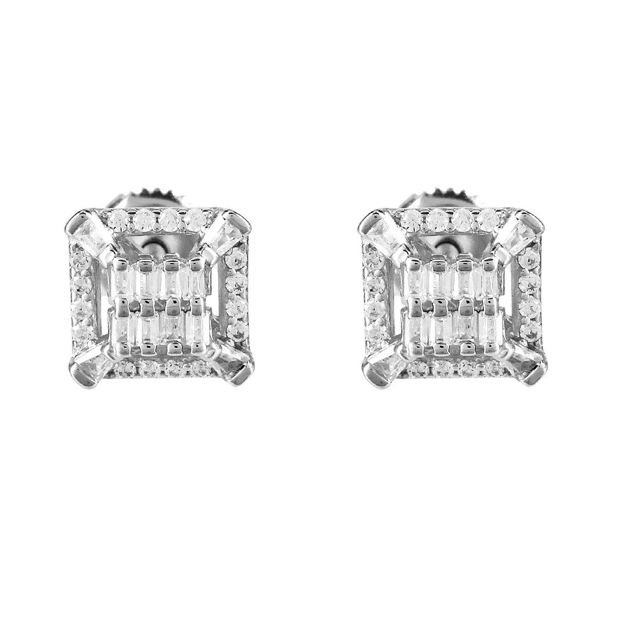 Square Designer Baguette Sterling Silver Unisex Screw Back Earrings - Elegant Minimalist Jewelry for Men & Women - Perfect for Weddings, Parties & Everyday Wear
