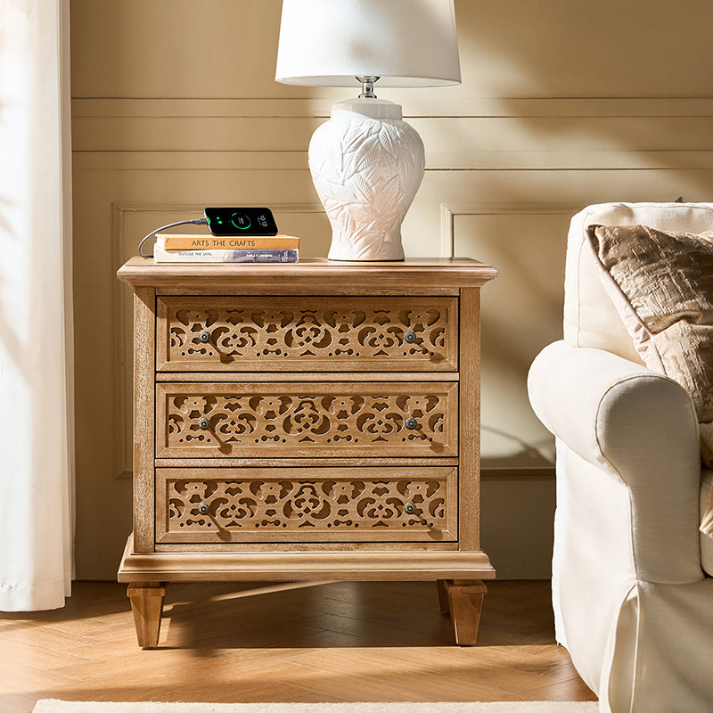 3-Drawer Nightstand with Built-In USB Outlets & Power Strip - Modern Bedside Table for Charging Devices - Perfect for Bedrooms, Guest Rooms & Small Spaces