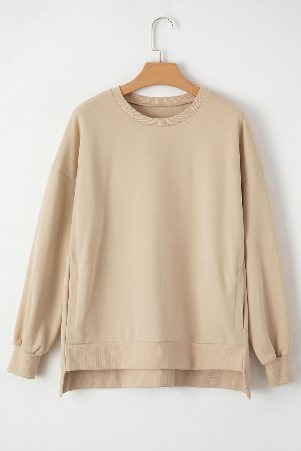 Apricot Solid Fleece Lined Drop Shoulder High Low Sweatshirt for Women - Cozy Oversized Pullover for Casual Wear, Street Style & Loungewear