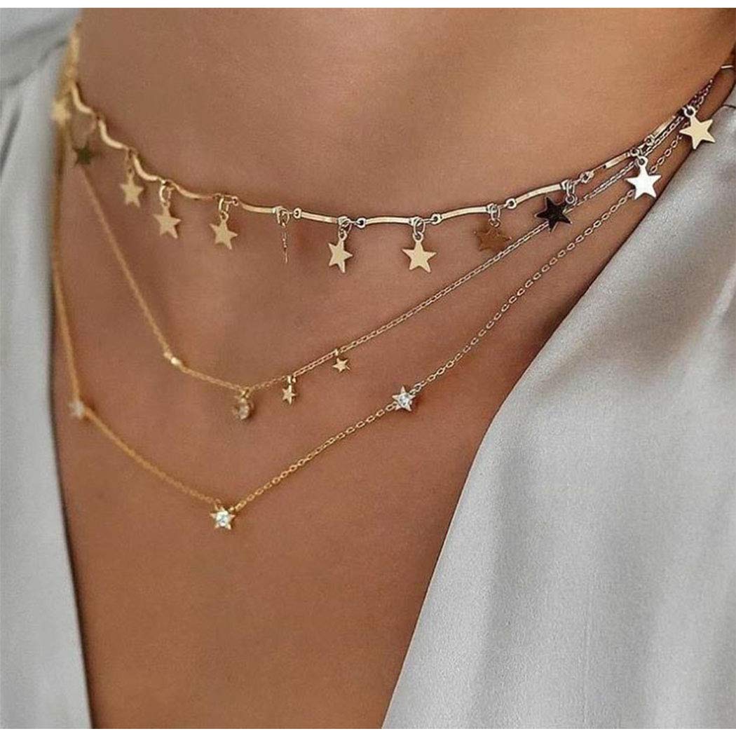 Boho Star Choker Necklace Set - 2 PCS Layered Crystal Pendant Gold Chain Necklaces for Women & Girls | Perfect for Festivals, Parties & Everyday Boho Fashion