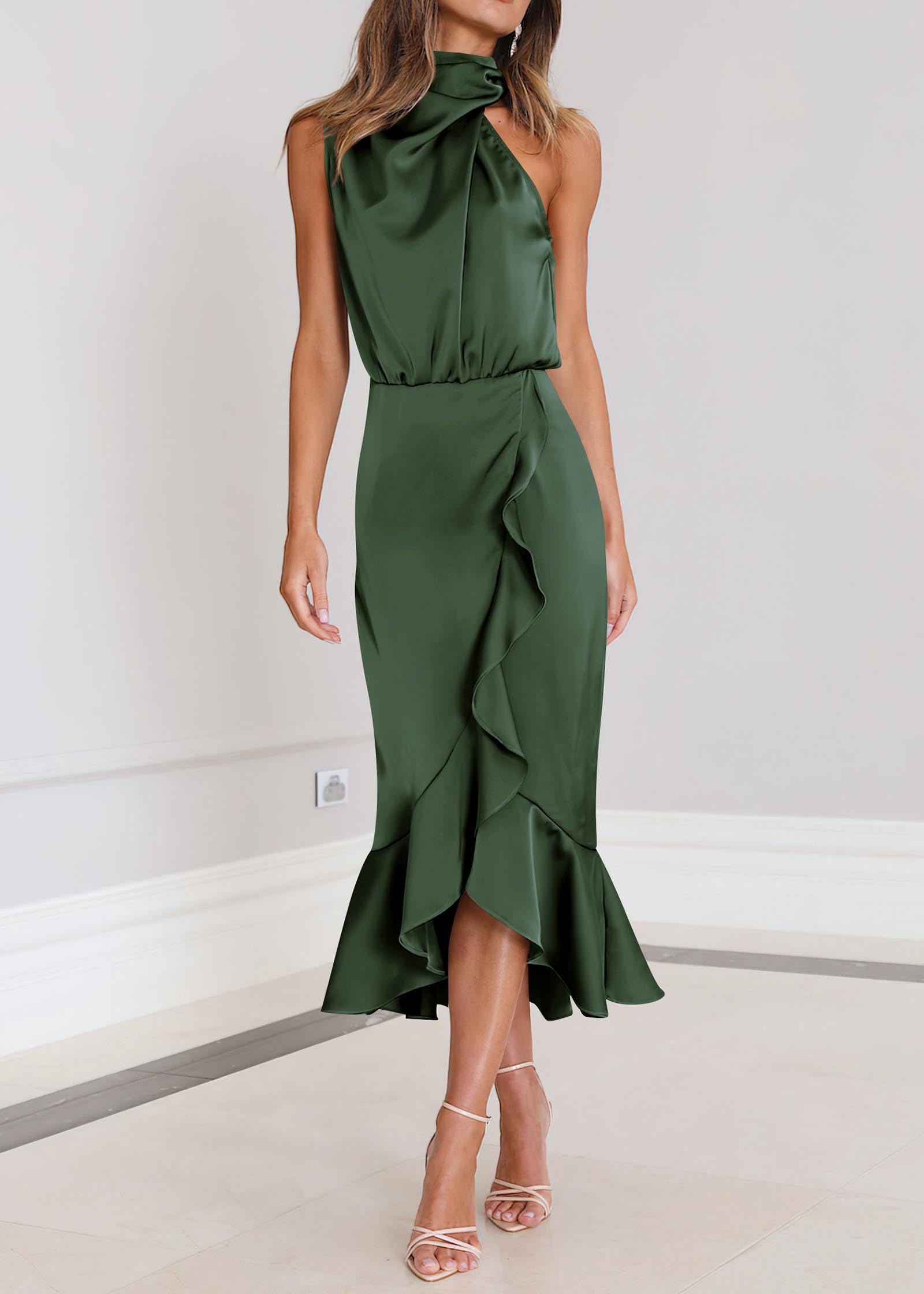 KIRUNDO Women's 2025 Summer Satin Mock Neck Cocktail Dress - Sleeveless Wrap Midi Dress with Ruffle Detail for Wedding Guest, Party & Formal Occasions | Perfect for Bridal Shower, Evening Gala & Special Events