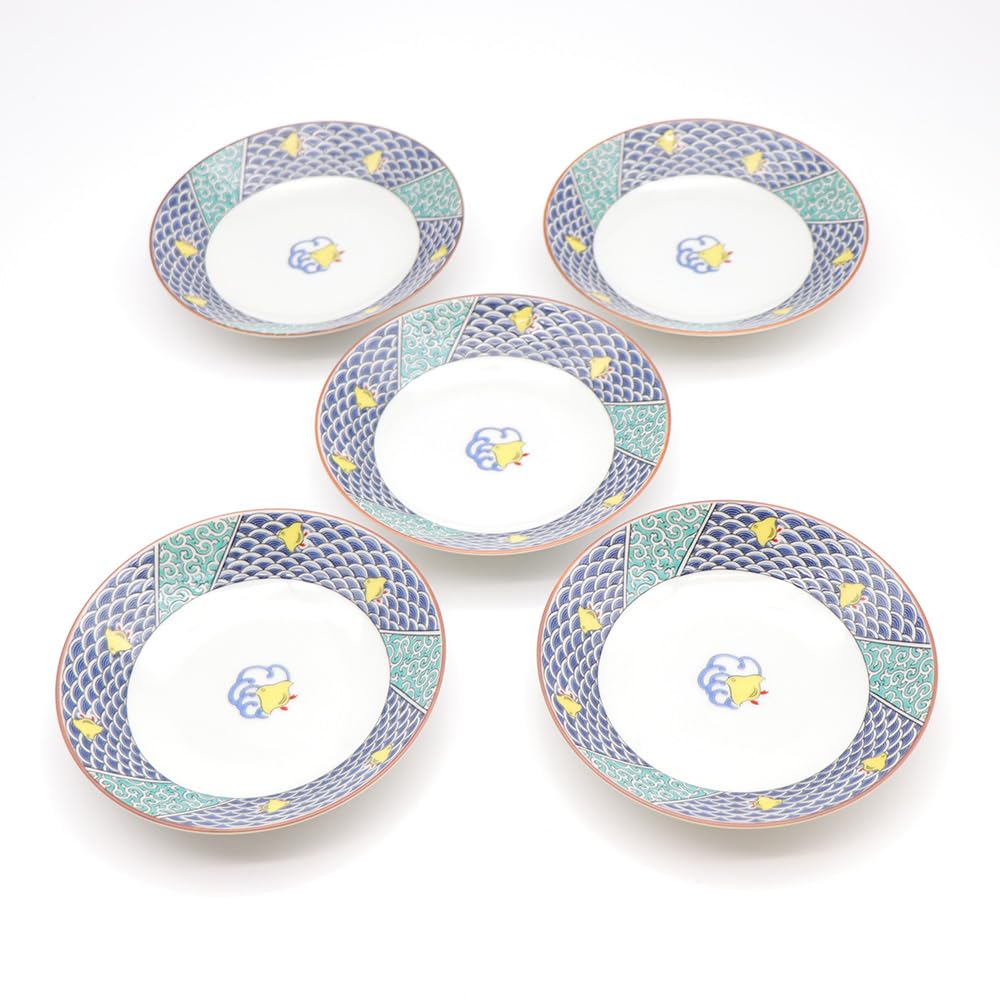 Handmade Japanese Kutani Ware Serving Plates Set of 5 - Blue Wave Design (6.1