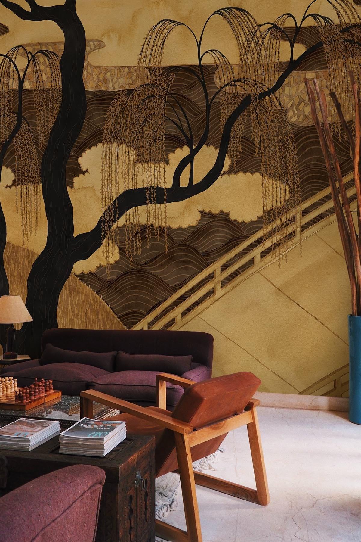 Asian Garden Golden Ochre - Premium Home Decor & Gift for Housewarming, Wedding, or Feng Shui Use