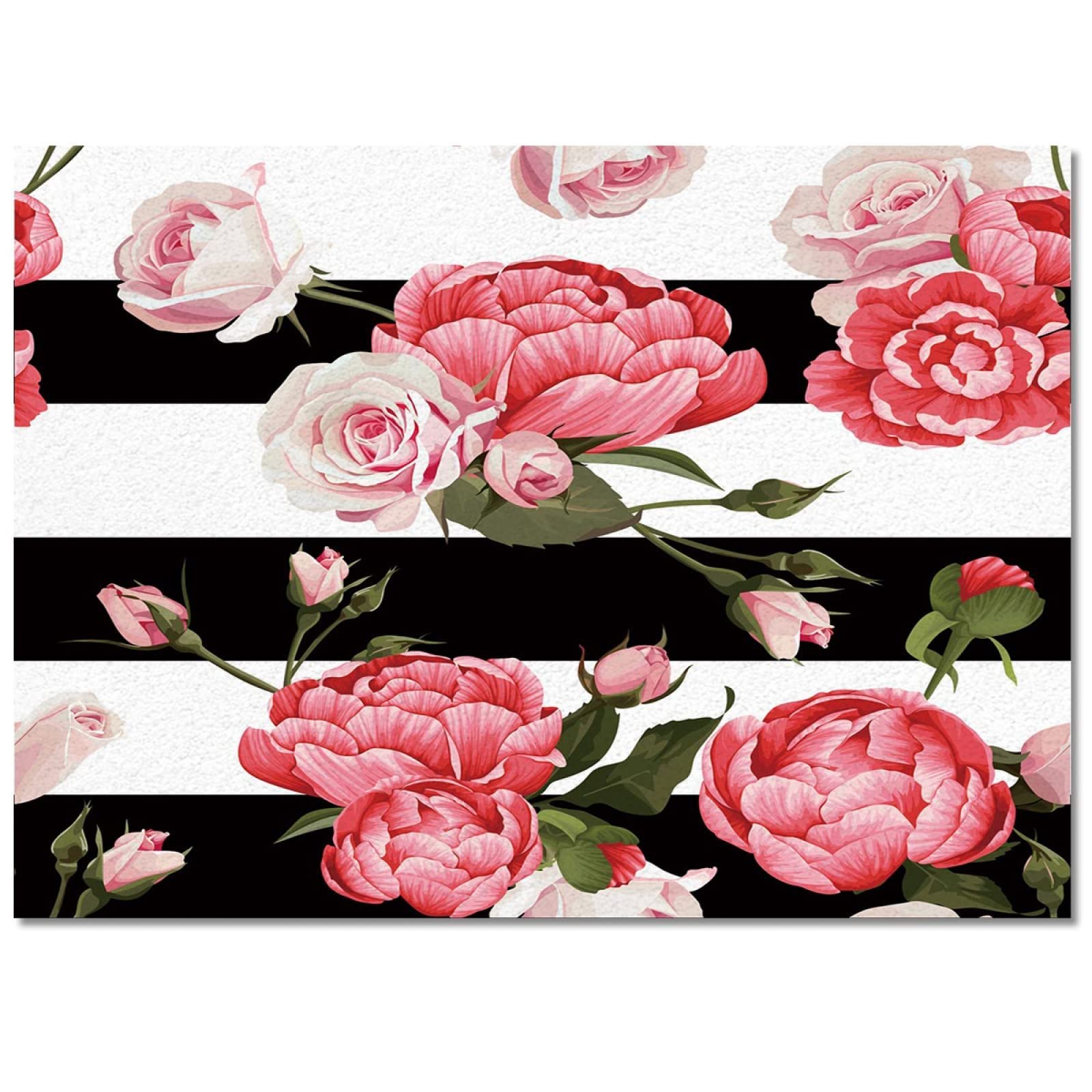 Black and White Striped Red Peony Area Rug - Soft Washable Floral Carpet for Living Room, Bedroom & Home Decor (5x7 ft) | Perfect for Sofa Accent, Floor Mats & Cozy Interior Design