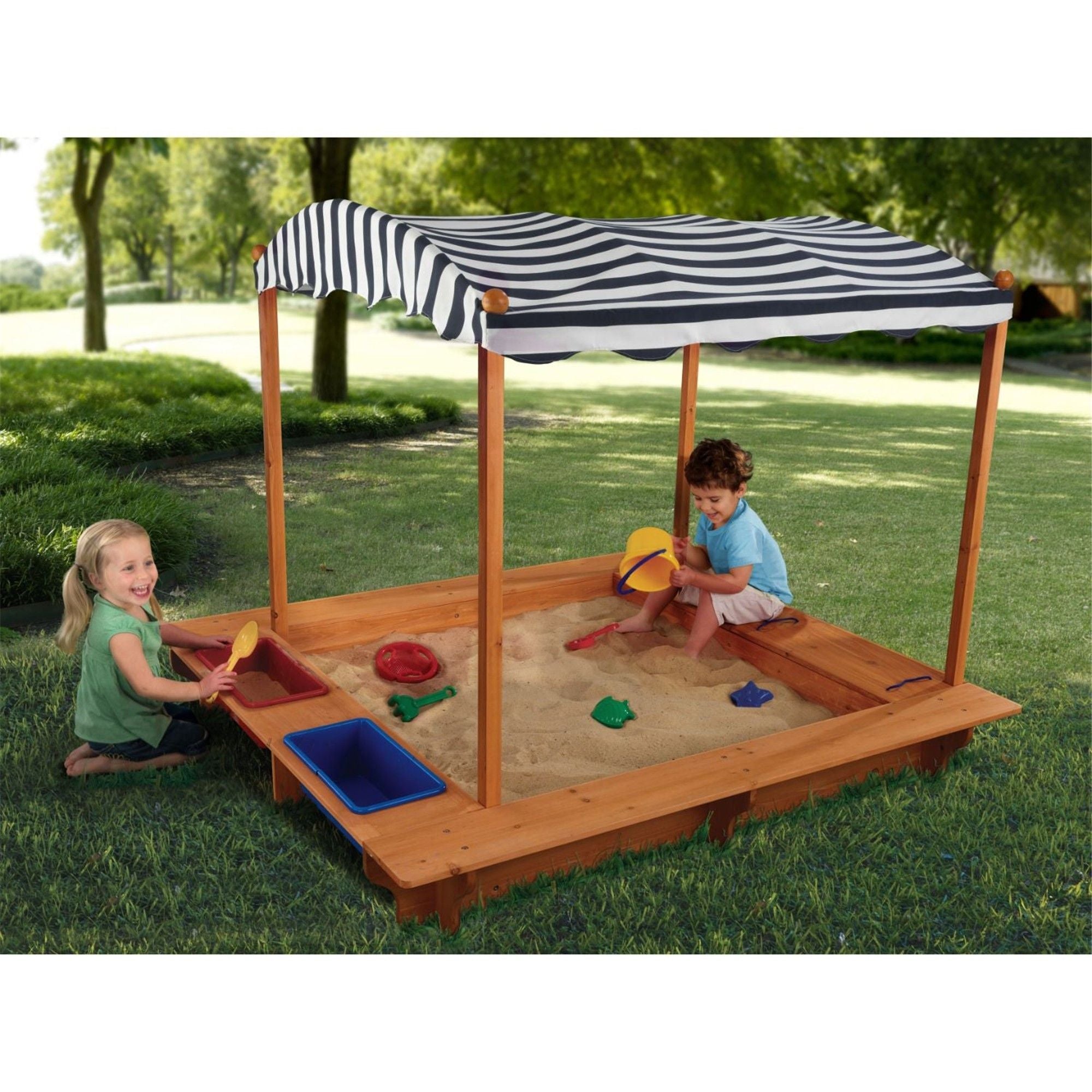 KidKraft Outdoor Sandbox with Canopy - Navy & White Sand Box for Kids, Durable Wooden Sandpit with Sunshade for Backyard, Beach & Playground Fun