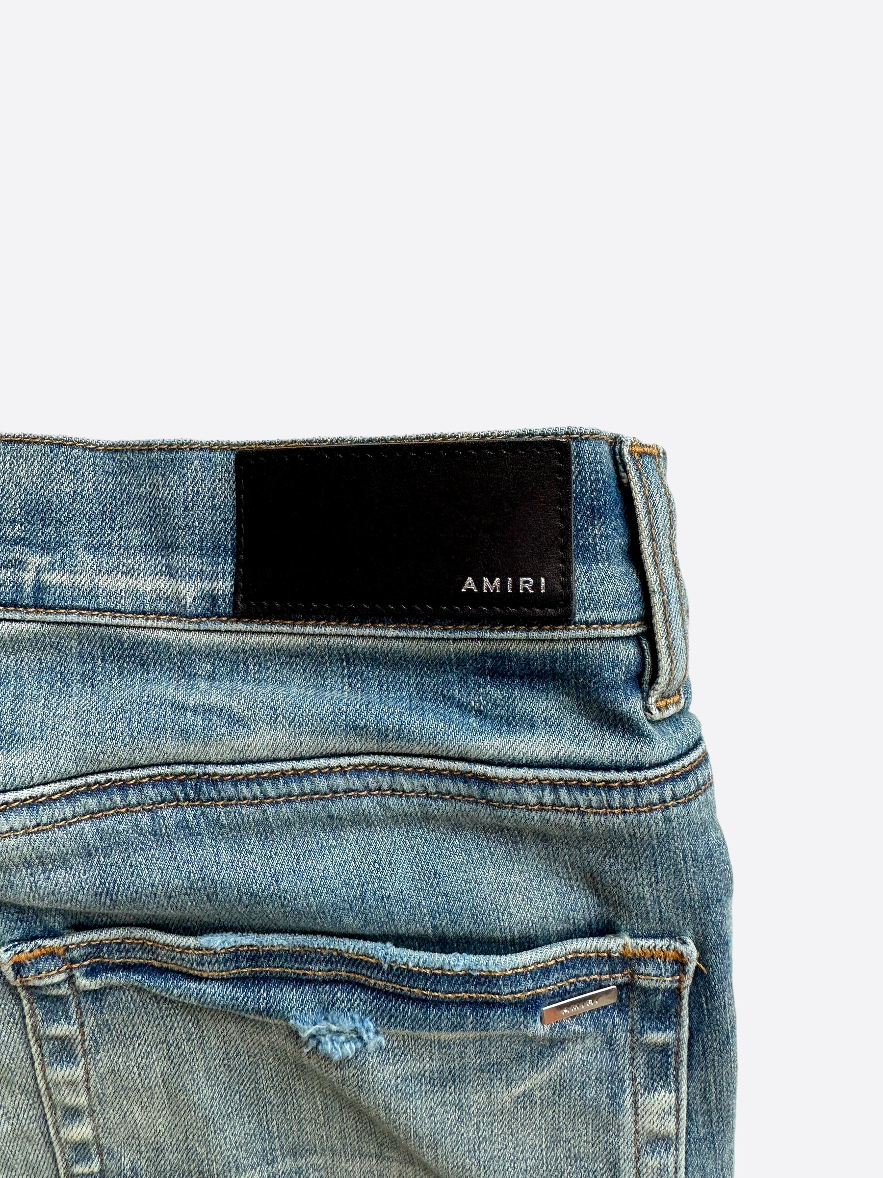 Amiri Blue & Black Bandana Patch MX1 Distressed Denim Jeans for Men - Stylish Ripped Skinny Jeans for Casual Wear & Street Fashion