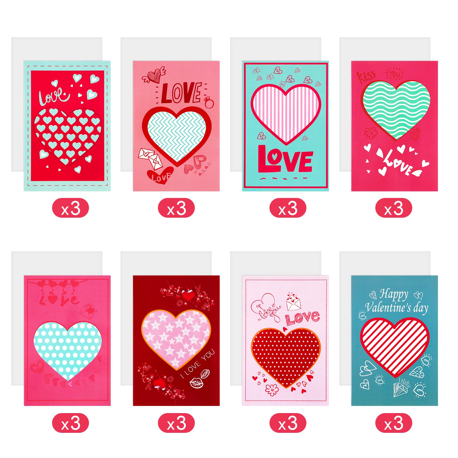 24-Piece Valentine's Day Greeting Card Set with Envelopes - 8 Unique Romantic Designs for Her, Him, Wife, Husband, Girlfriend & Boyfriend - Perfect for Valentine's Gifts, Classroom Exchange & Party Favors