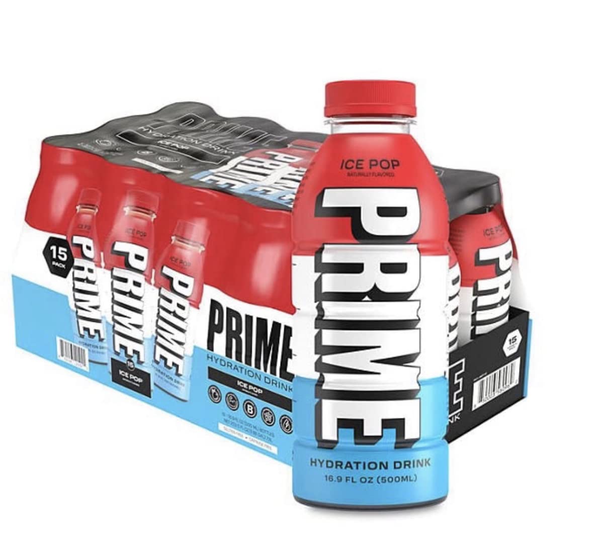 Prime Hydration Sports Drink - Ice Pop Flavor | Naturally Flavored with 10% Coconut Water | 250mg BCAAs, B Vitamins & Antioxidants | 834mg Electrolytes | Low Calorie (20cal/16.9oz) | 15 Pack | Perfect for Workouts, Sports & Active Lifestyles