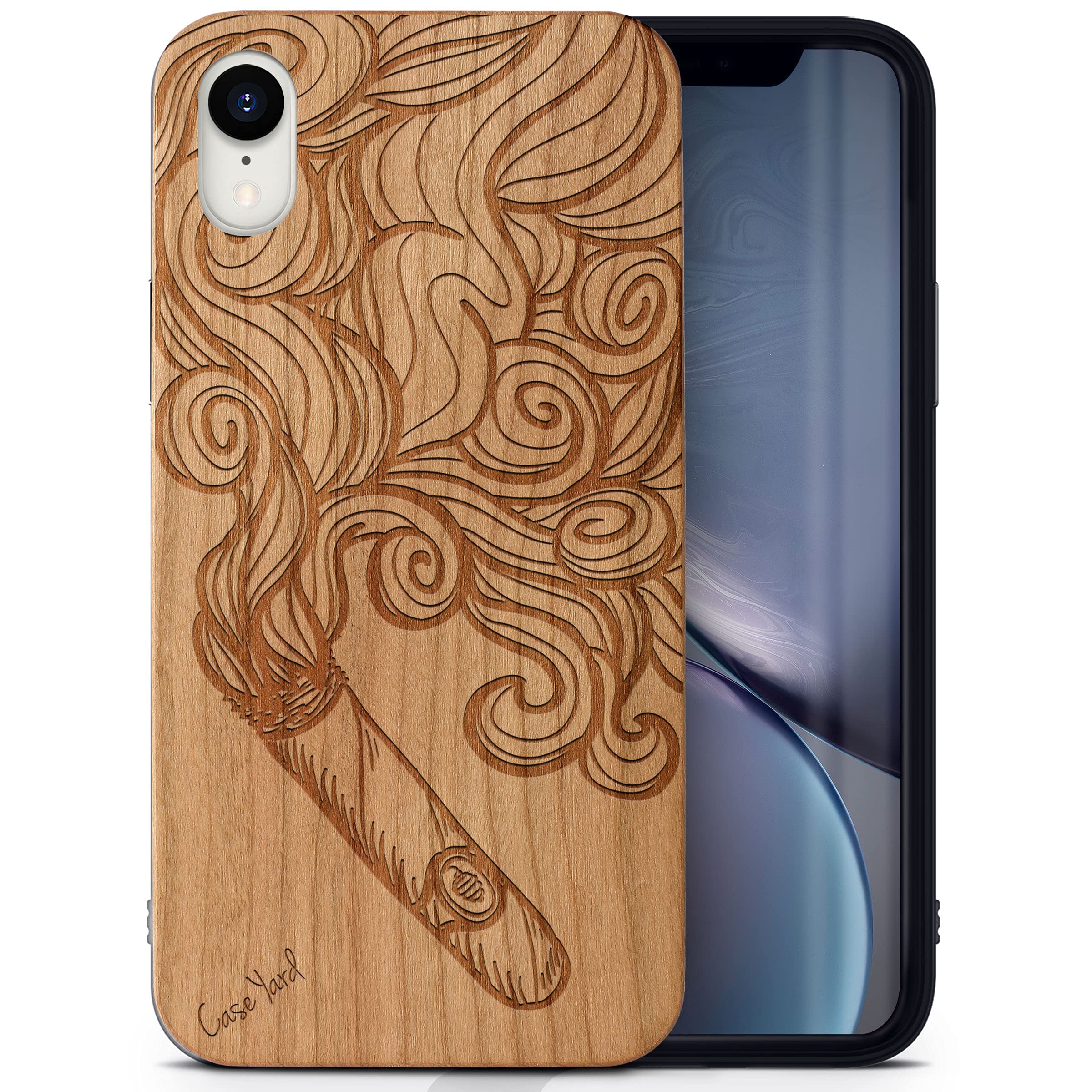 Premium Wooden iPhone XR Case - Laser Engraved Cigar Smoke Design in Cherry Wood | Slim Fit Protective Shockproof Cover for Men & Women | Perfect for Business Professionals & Outdoor Enthusiasts