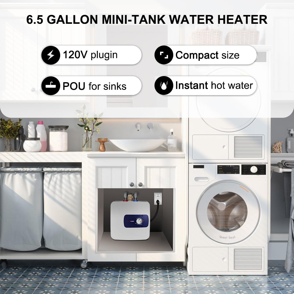 Thermomate 6.5 Gallon Electric Mini Tank Water Heater - 120V 1440W Instant Hot Water System for Kitchen, Bathroom & RV - Wall or Floor Mounted, UL Certified ES700 (Point of Use, Energy Efficient)