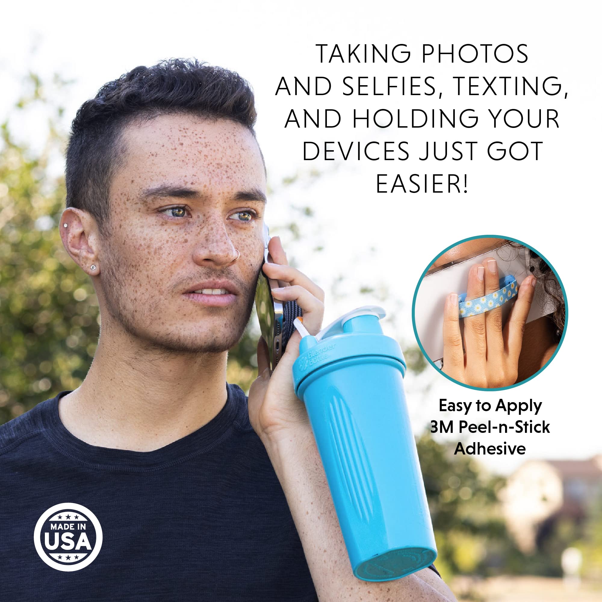LOVEHANDLE Universal Phone Grip Stand for iPhone Samsung Galaxy - Anti-Slip Hand Strap Holder Compatible with Wireless Charging - Made in USA - Blue Happy Daisy Design - Perfect for Gym, Travel and Daily Use