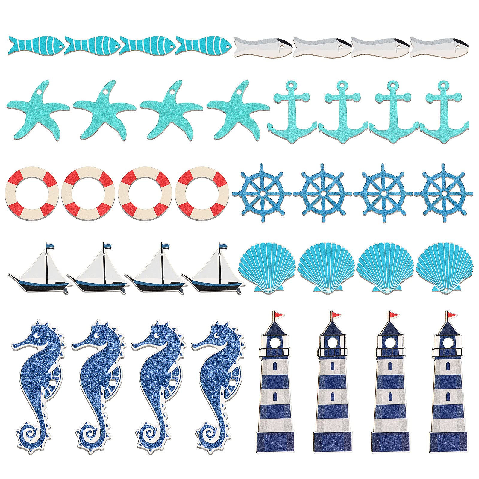 40-Piece Coastal Cruise Ship Miniature Beach Themed Wooden Decor Set - Anchors, Steering Wheels, Lighthouses, Starfish, Seashells, Seahorses & Sailboats - Perfect for Home Wall Decor, Crafts, Beach House & Nautical Themed Rooms