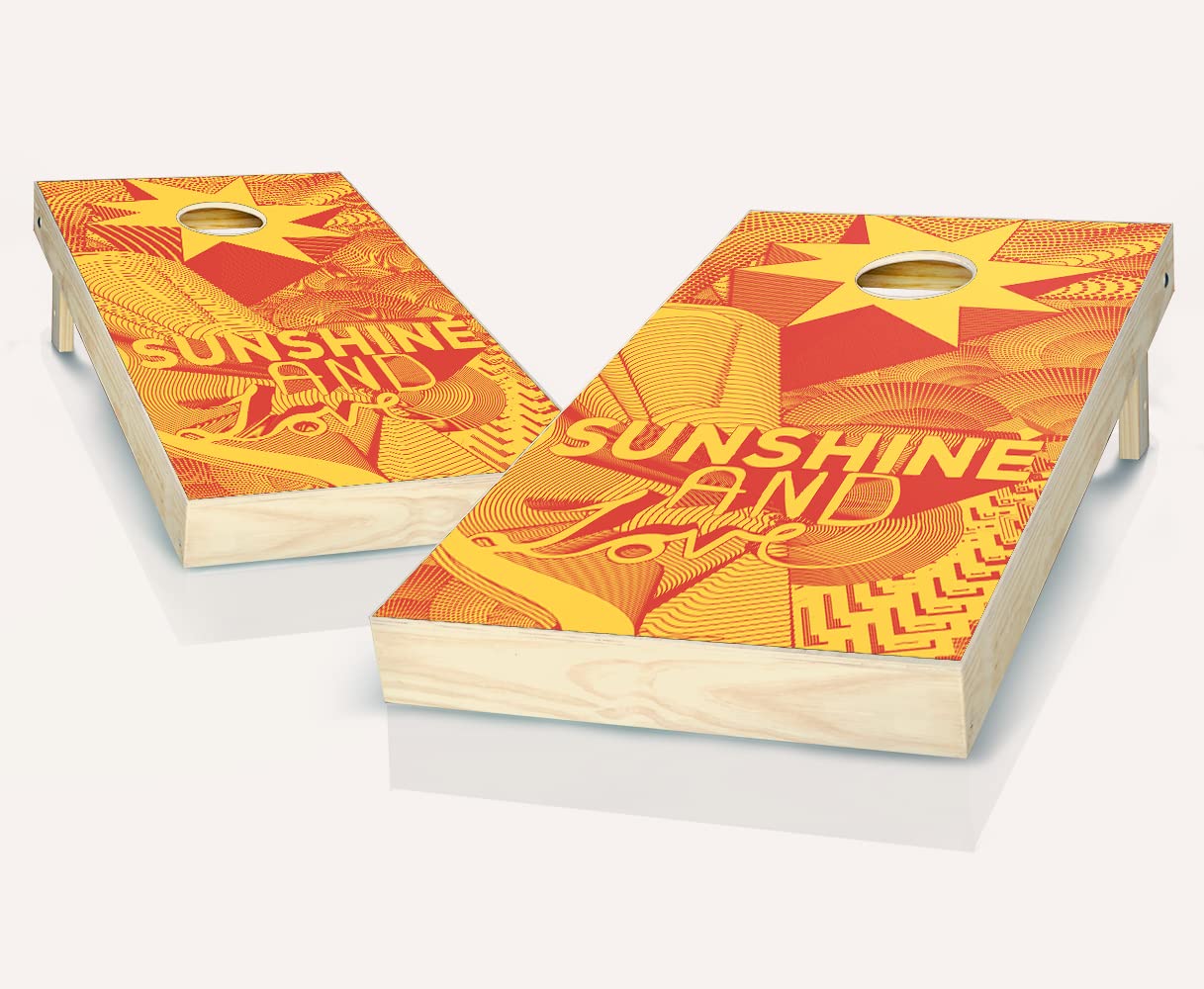 Premium Skip's Garage Sunshine and Love Cornhole Game Set with 2 Boards & 8 Bags - Outdoor Lawn Party Tailgating Accessories for Backyard BBQ, Beach, and Camping Fun
