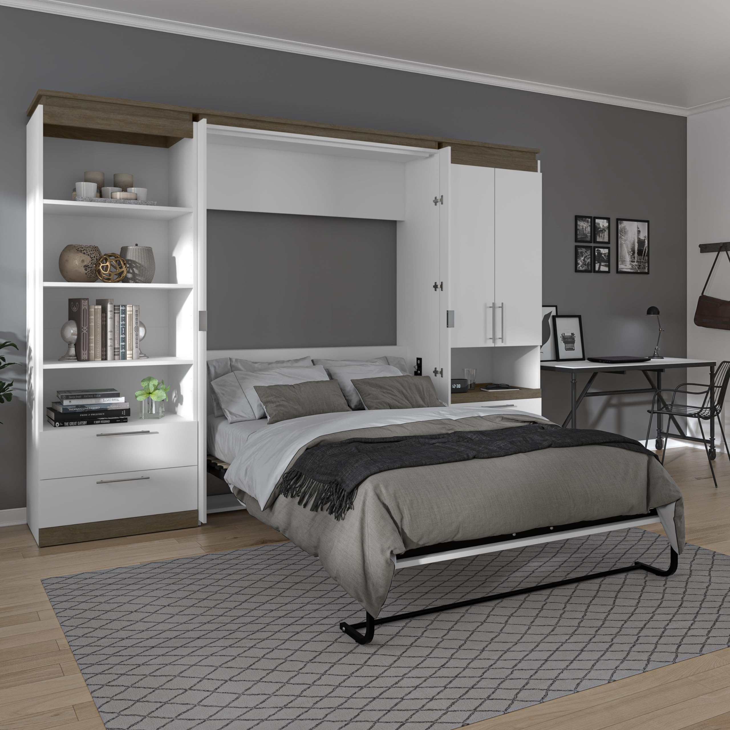 Bestar Orion Full Murphy Bed with Built-in Storage Drawers - Space Saving Wall Bed in White & Walnut Grey for Small Apartments, Guest Rooms & Home Offices