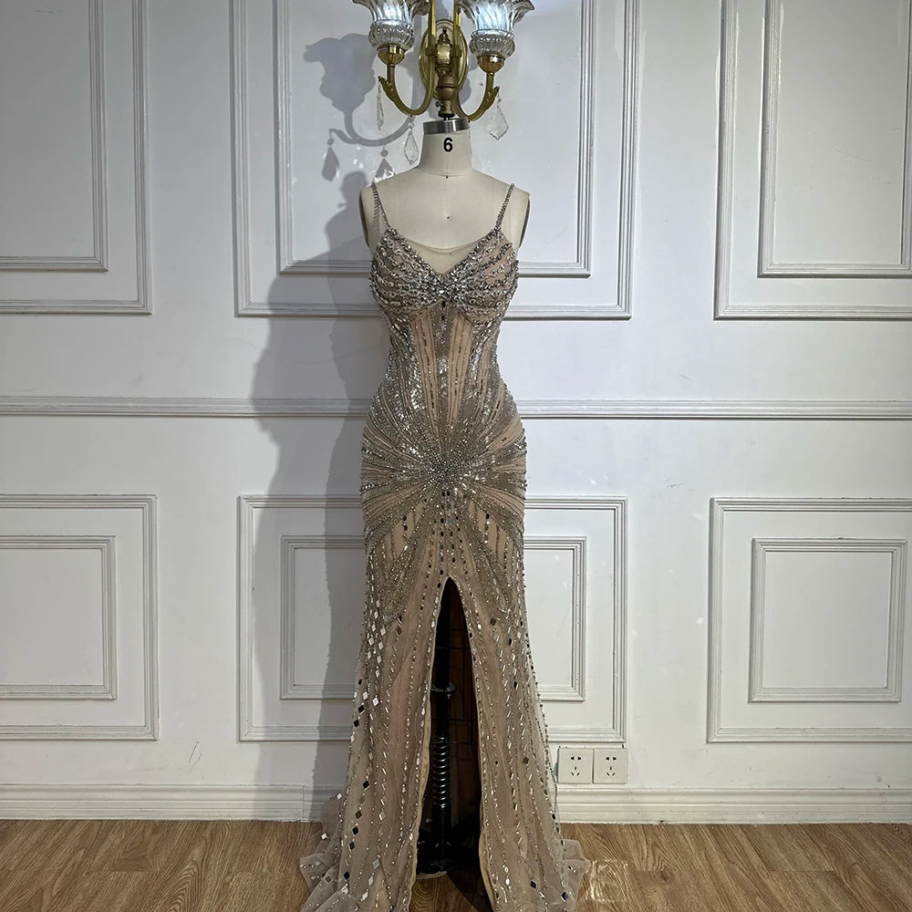 Luxury Dubai Silver Nude Beaded Spaghetti Strap Mermaid Evening Dress Gown for Women - Formal Party, Prom, Wedding Guest, Red Carpet Events LA72803