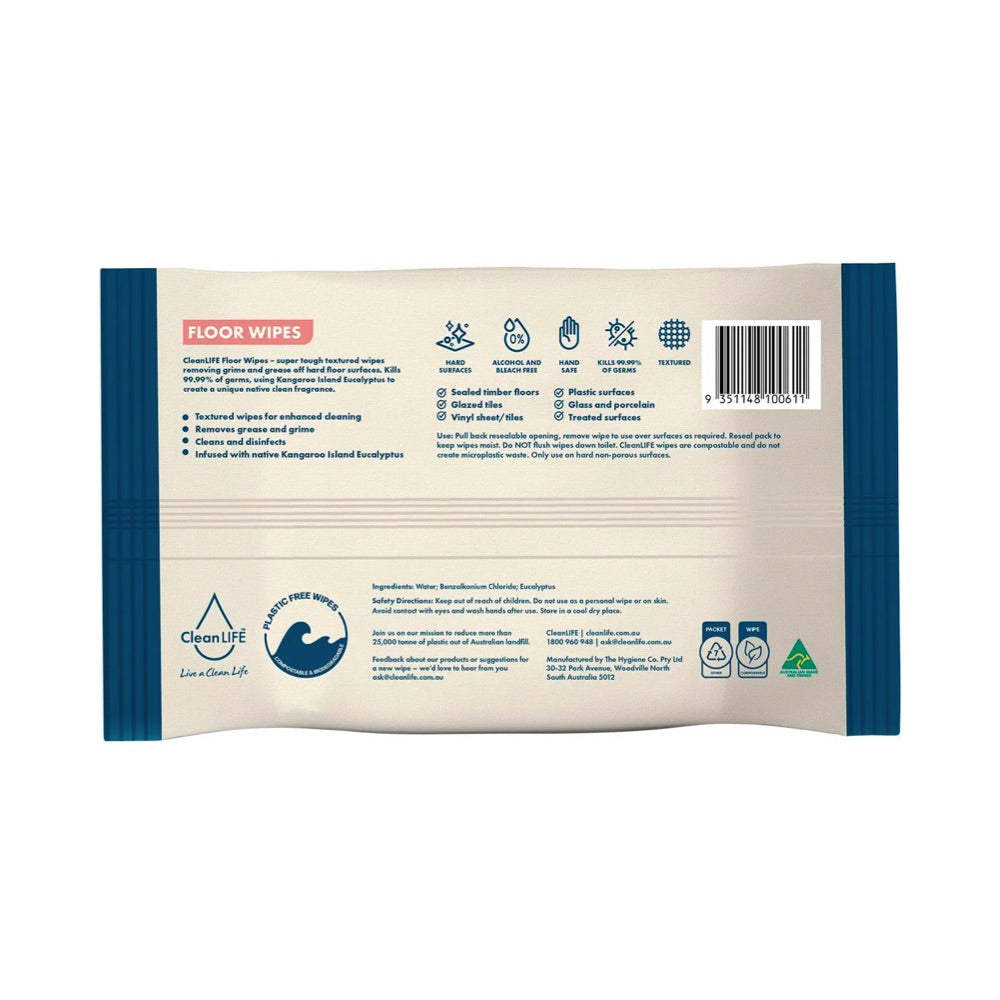 Eco-Friendly CLEANLIFE Antibacterial Floor Cleaning Wipes - 25 Pack | Plastic-Free, Biodegradable | Perfect for Hardwood, Tile & Laminate Floors