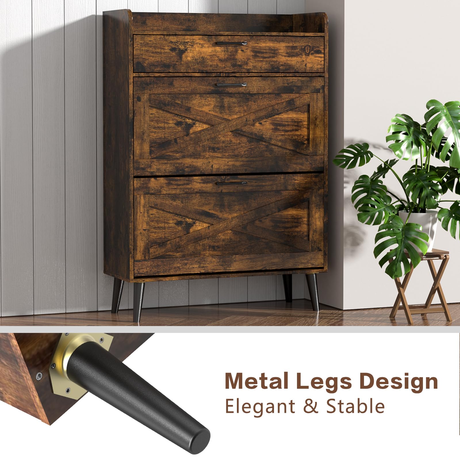 EasyCom 12-Pair Shoe Storage Cabinet with 2 Flip Drawers & Top Compartment - Freestanding Entryway Shoe Organizer with Metal Legs, Rustic Brown - Perfect for Small Spaces, Closet Organization & Entryway Storage
