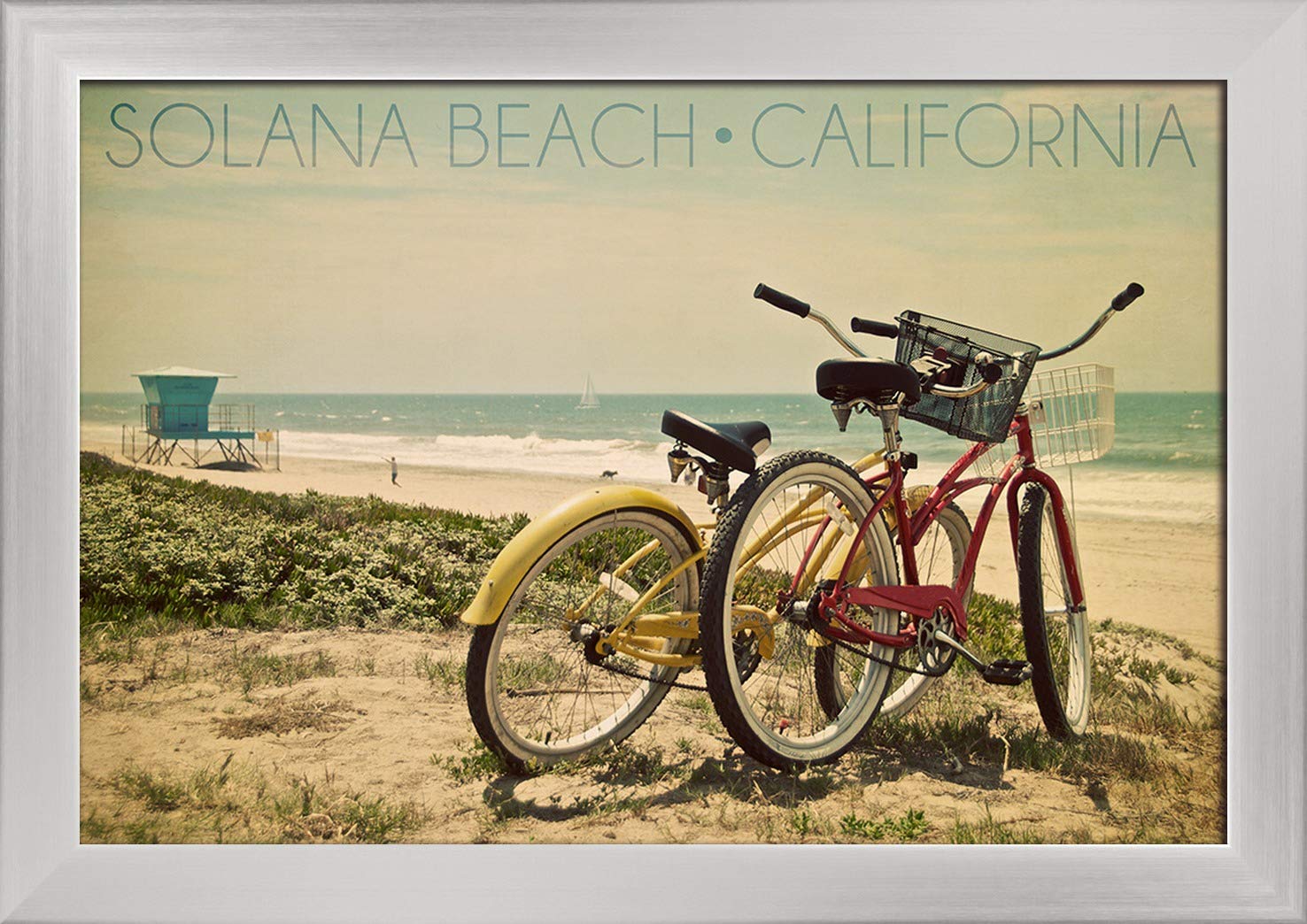 Solana Beach California Bicycles and Beach Scene - 12x18 Giclee Fine Art Print with Recycled Wood Frame in Silver - Perfect for Coastal Home Decor, Beach House Wall Art, and California Themed Living Room