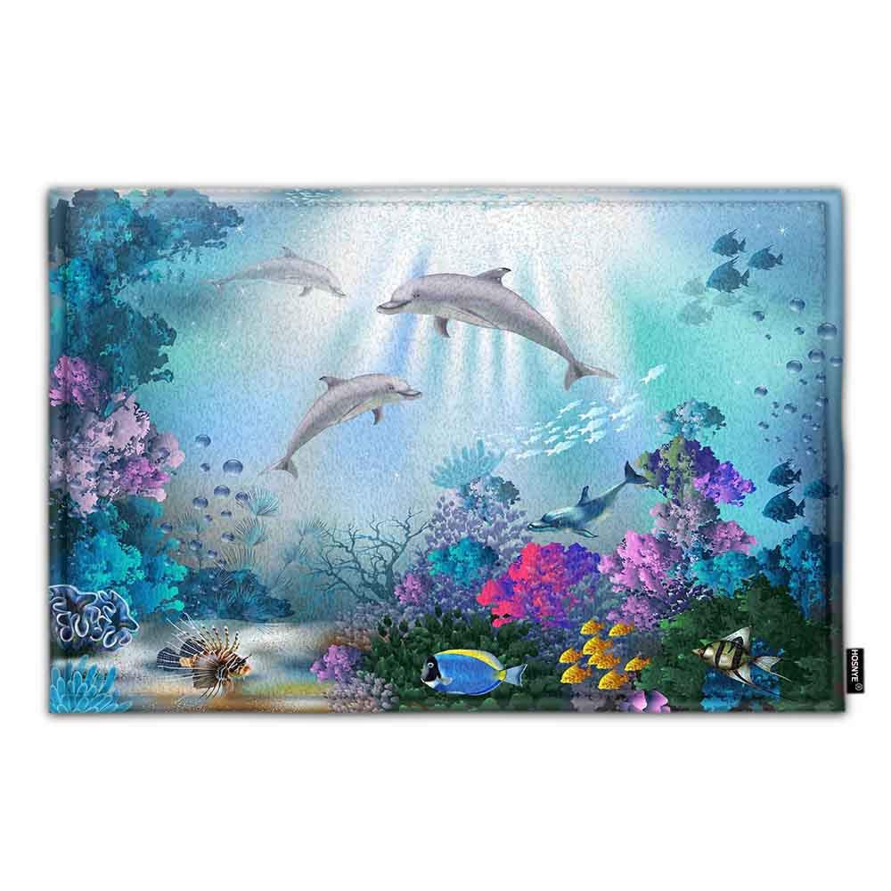 Non-Slip Flannel Doormat with Dolphin & Plant Underwater Design - Super Soft Bathroom, Kitchen, Entryway Rug for Home Decor