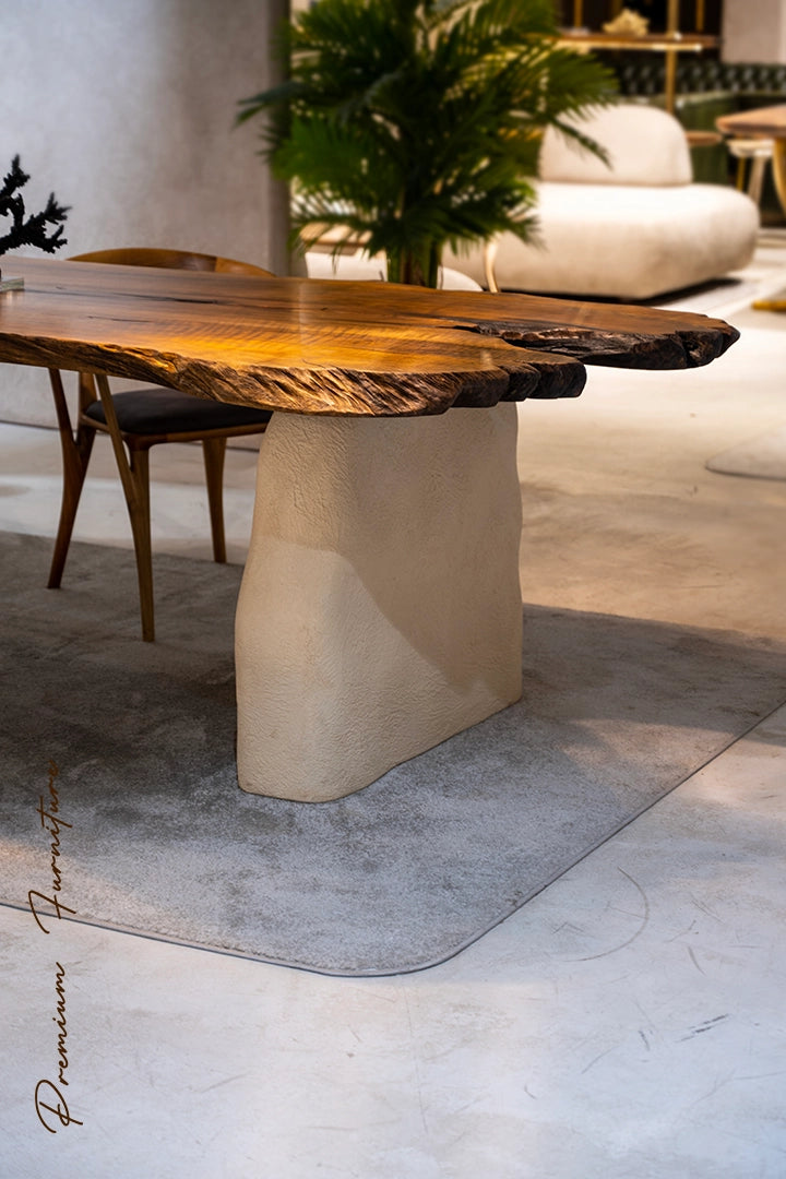 Luxury Solid Wood Walnut Dining Table with Stone-Inspired Legs - Wabi Sabi Style Modern Furniture for Living Room, Dining Room & Office