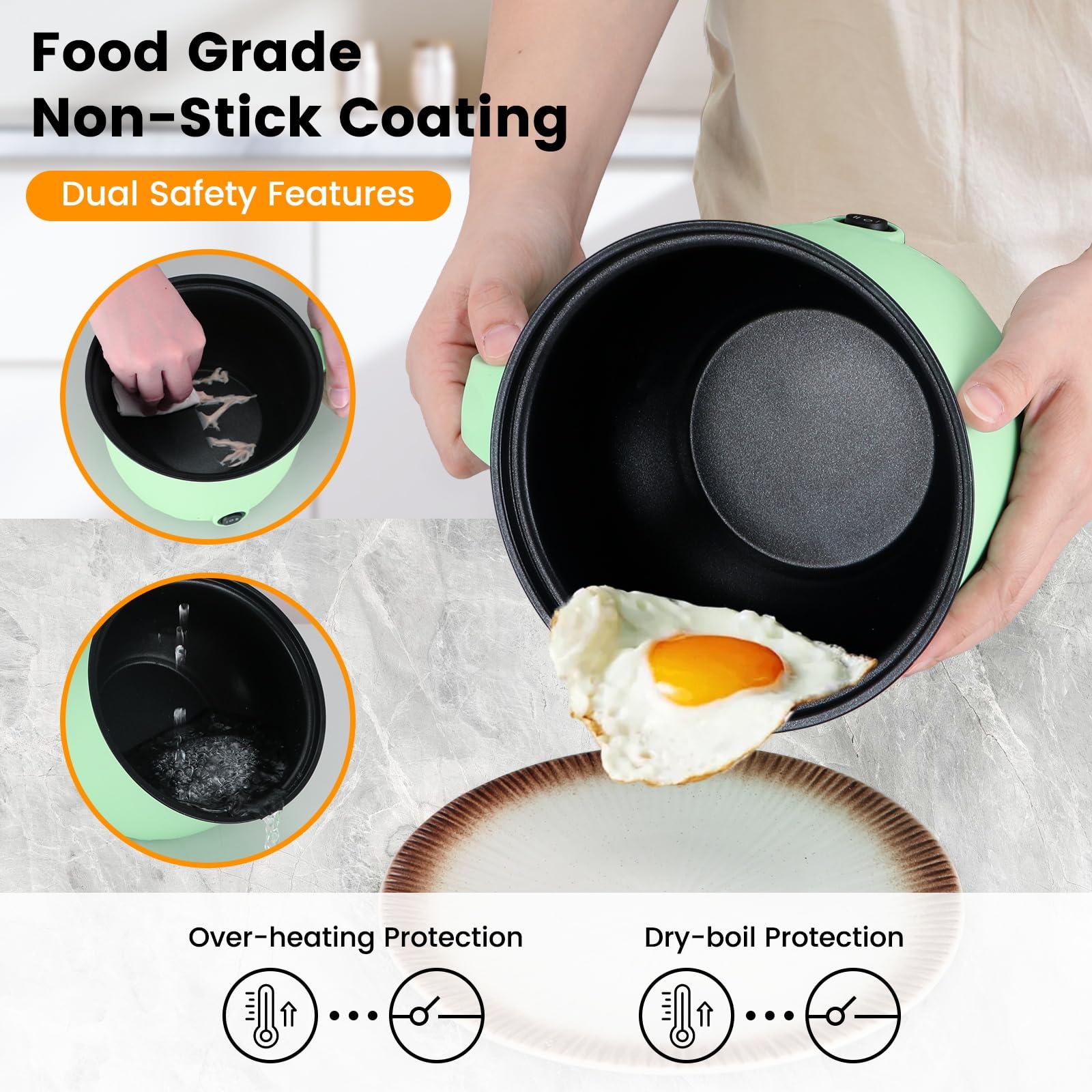 1.8L Mini Electric Hot Pot with Steamer - Fast Ramen Noodle Cooker, Portable Self-Heating Pot for Cooking Noodles, Oatmeal & Pasta | Perfect for Dorm, Office & Travel | Non-Stick Green Shabu Shabu Hot Pot