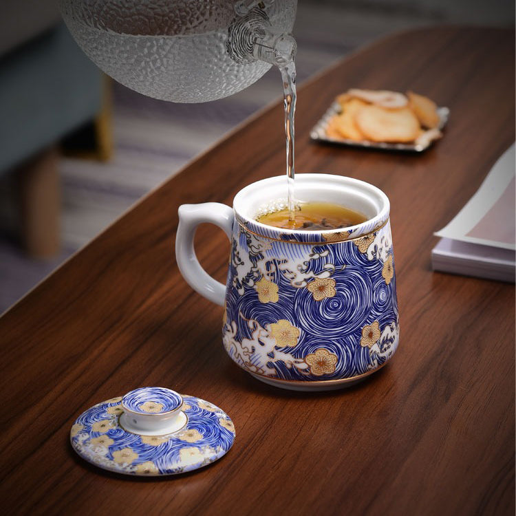 Premium Chinese Sea Wave Ceramic Tea Cup with Removable Infuser - Perfect for Office, Home, and Relaxation