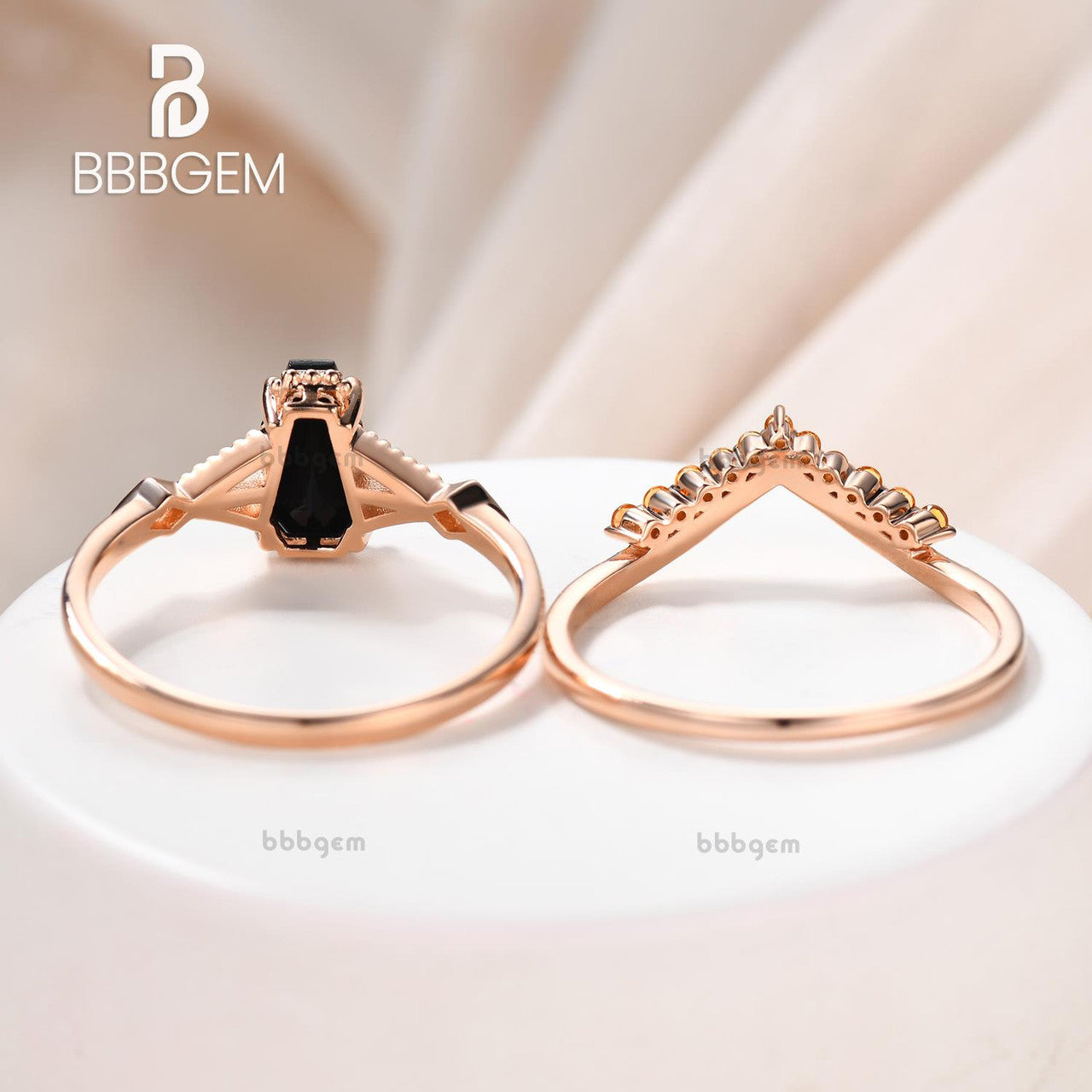 Him Black Spinel Coffin Wedding Ring Set with Yellow Citrine Milgrain Curve Band in Gold - Elegant Gothic Bridal Jewelry for Alternative Weddings & Dark Romance