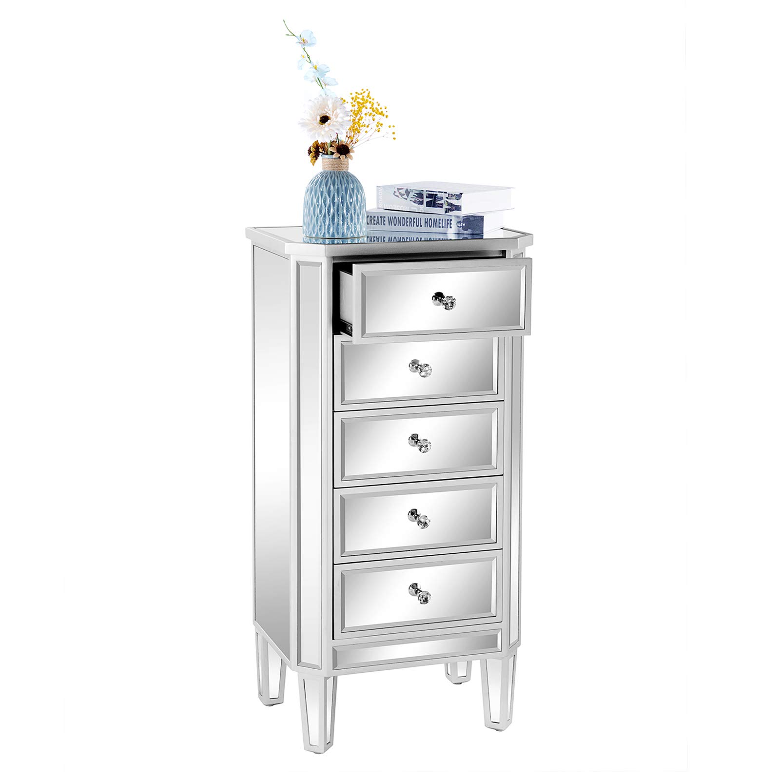 VINGLI 5-Drawer Mirrored Dresser - Modern Glass Chest of Drawers for Bedroom, Silver Finish | Perfect for Dressing Room, Living Room & Bedroom Storage