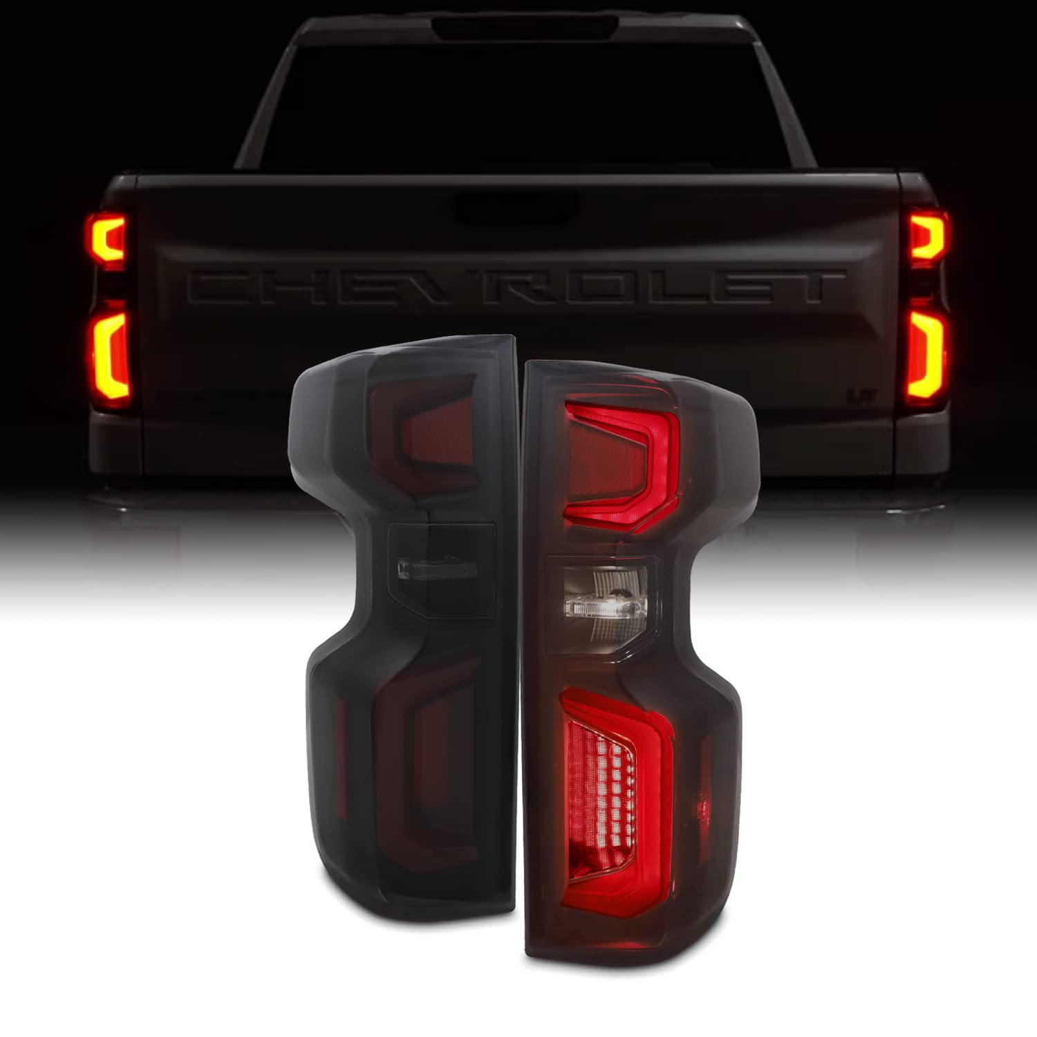 AKKON LED Black Smoked Tail Lights Brake Lamp Pair for 2019-2022 Chevy Silverado 1500 (Incandescent Type) - Driver & Passenger Side - Upgrade Your Truck's Style & Night Visibility