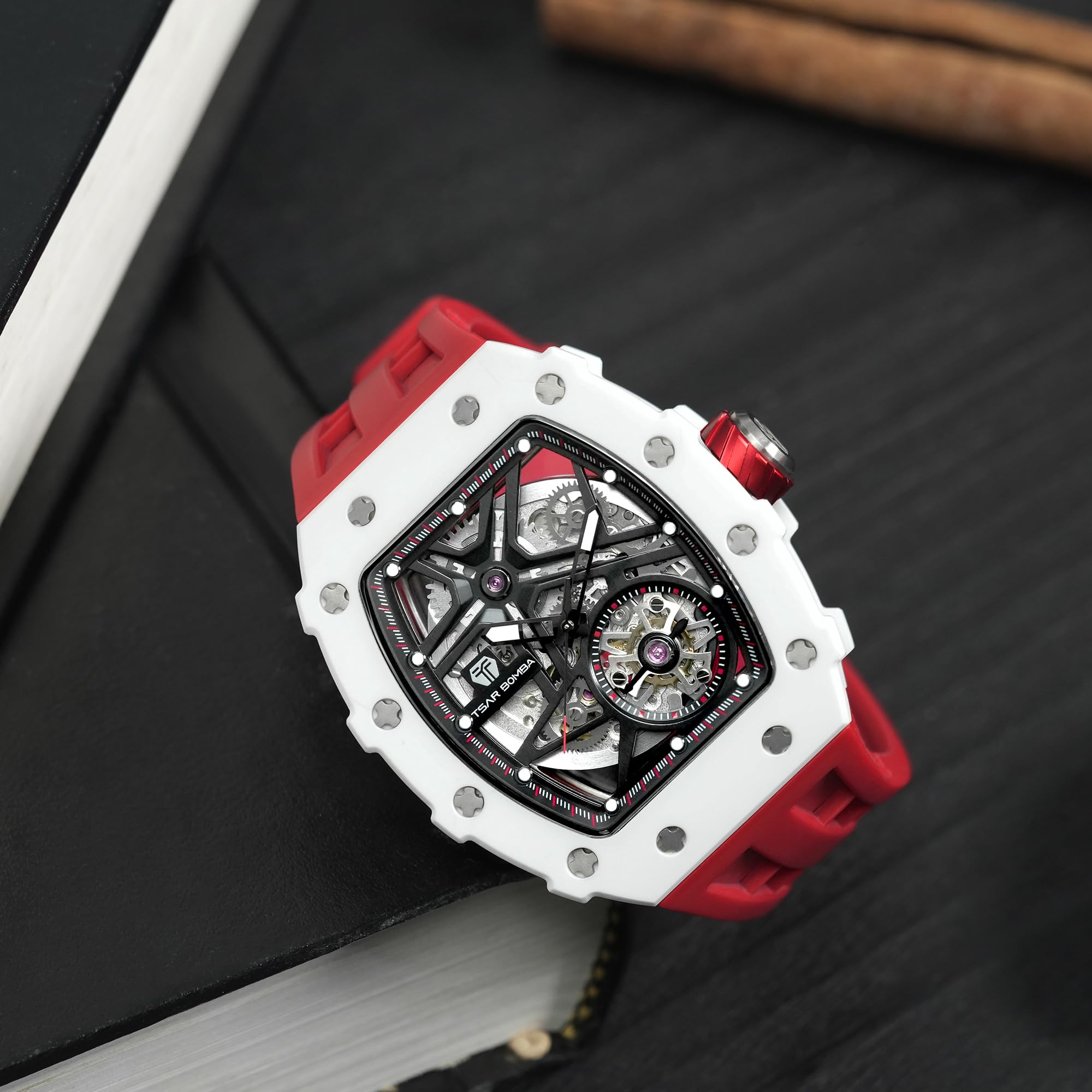 TSAR BOMBA Men's Automatic Watch - Luxury Skeleton Tonneau Design, 50M Waterproof, Silver Square Big Face with Silicone Strap - Perfect for Business, Formal Events & Everyday Wear