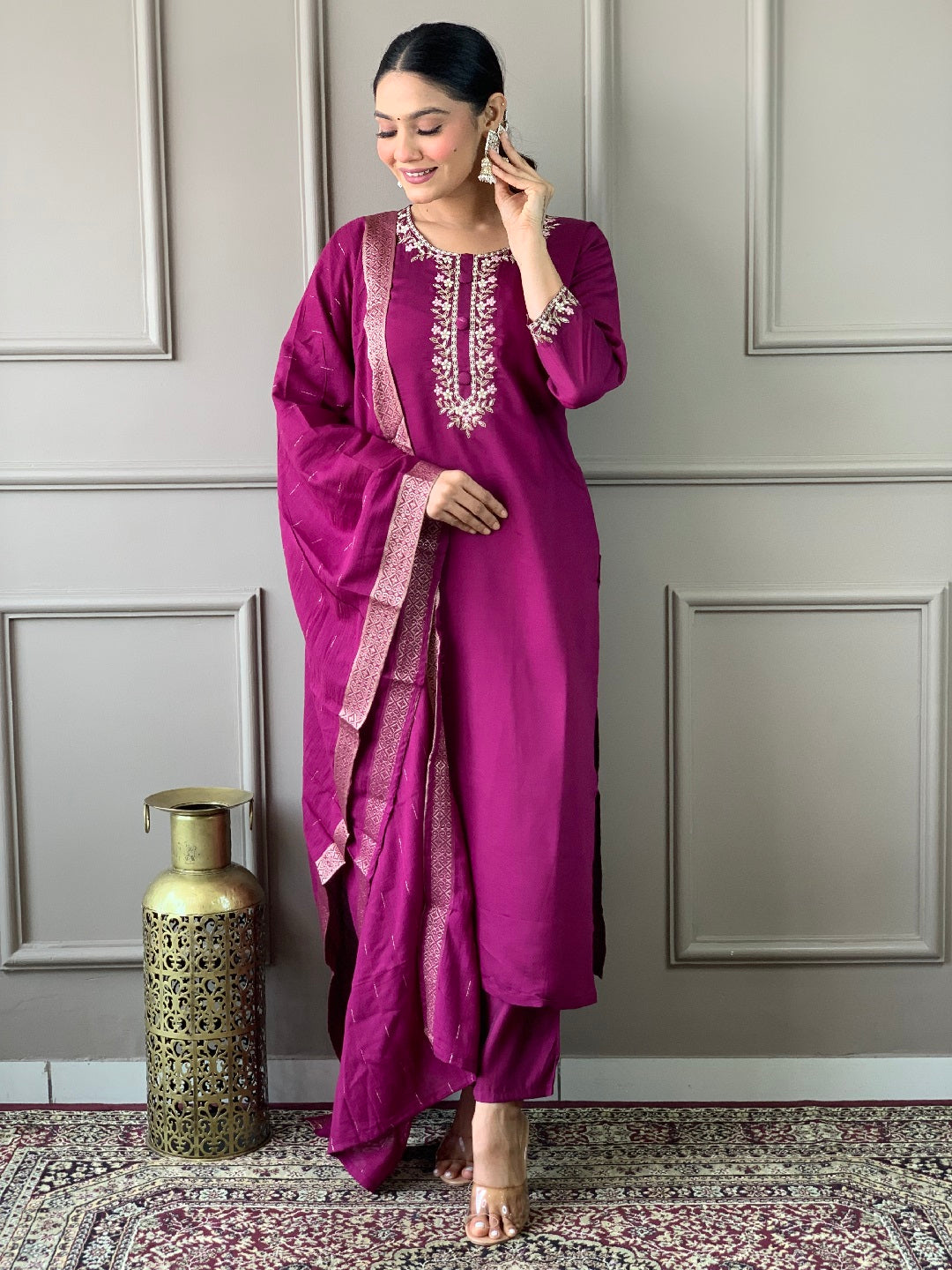 Burgundy Embroidered Designer Pant Suit for Women - Elegant Printed Work Pantsuit for Office, Party & Special Occasions