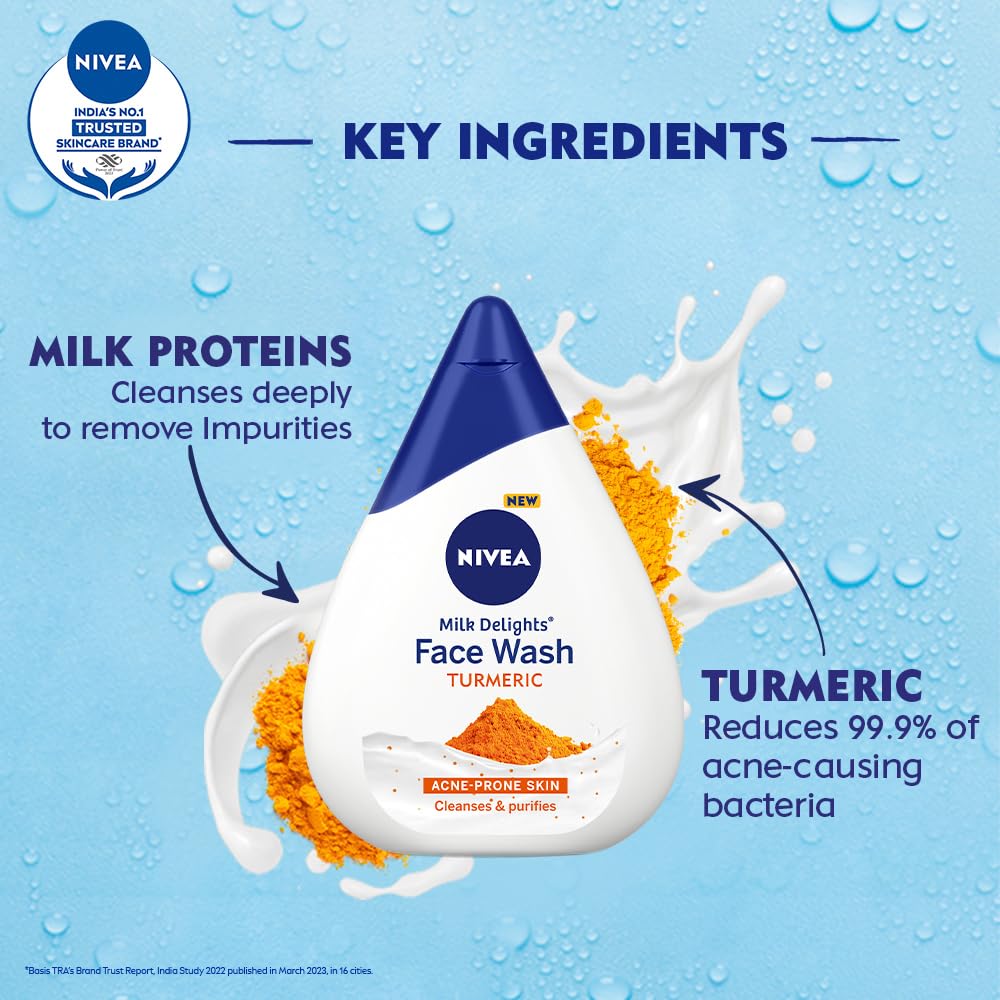 NIVEA Milk Delights Turmeric Face Wash 100ml - Hydrating & Antibacterial with Milk & Turmeric Extract | pH Balanced for All Skin Types | Reduces 99.9% Acne-Causing Bacteria | Perfect for Daily Cleansing & Acne-Prone Skin Care Routine