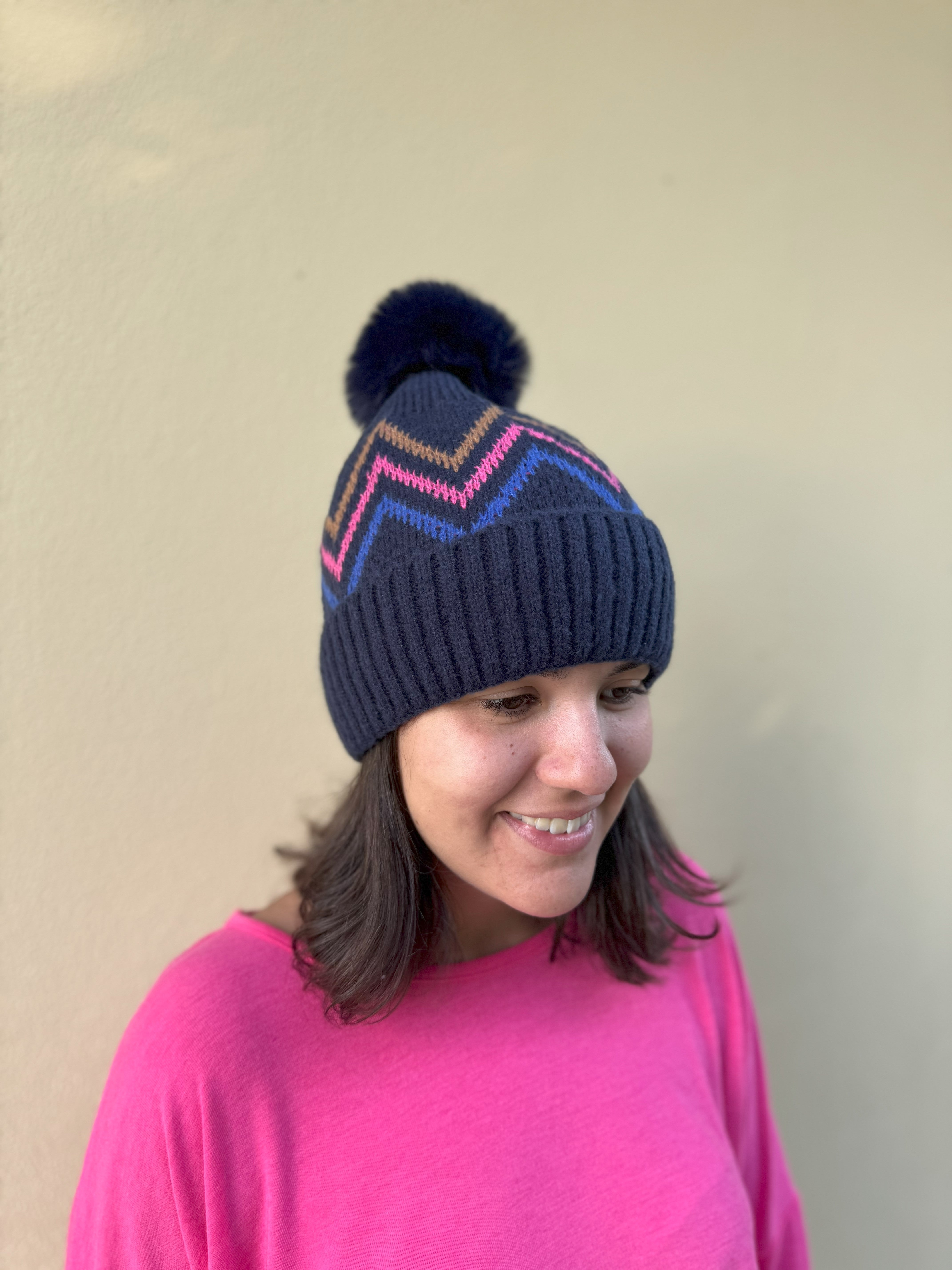 Navy Blue Zig Zag Knit Beanie for Men & Women - Warm Winter Hat for Outdoor Activities, Skiing, and Casual Wear